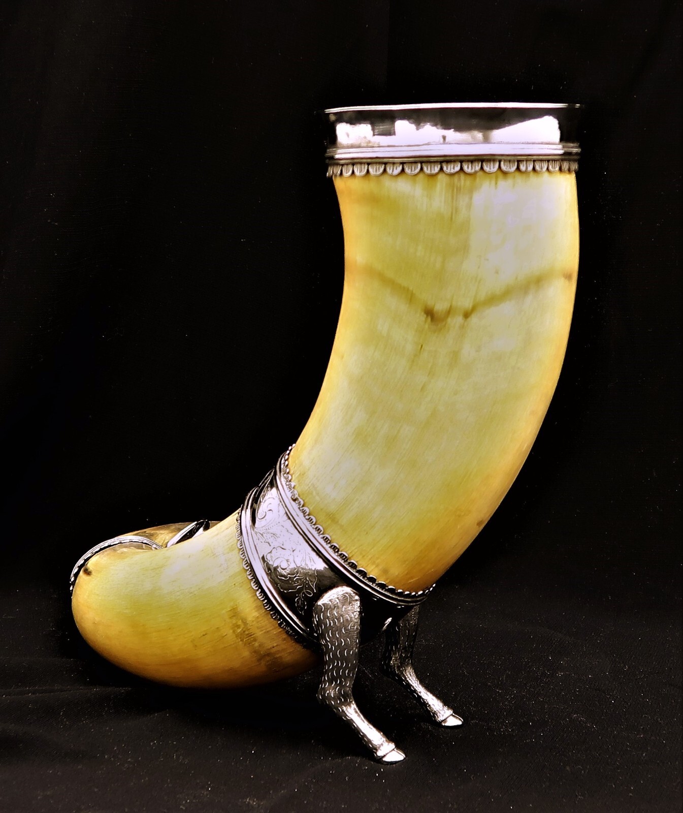 Silver Framed Drinking Horn Marked Sweden Ostlund Circa 1855 F mono Stamped Coin
