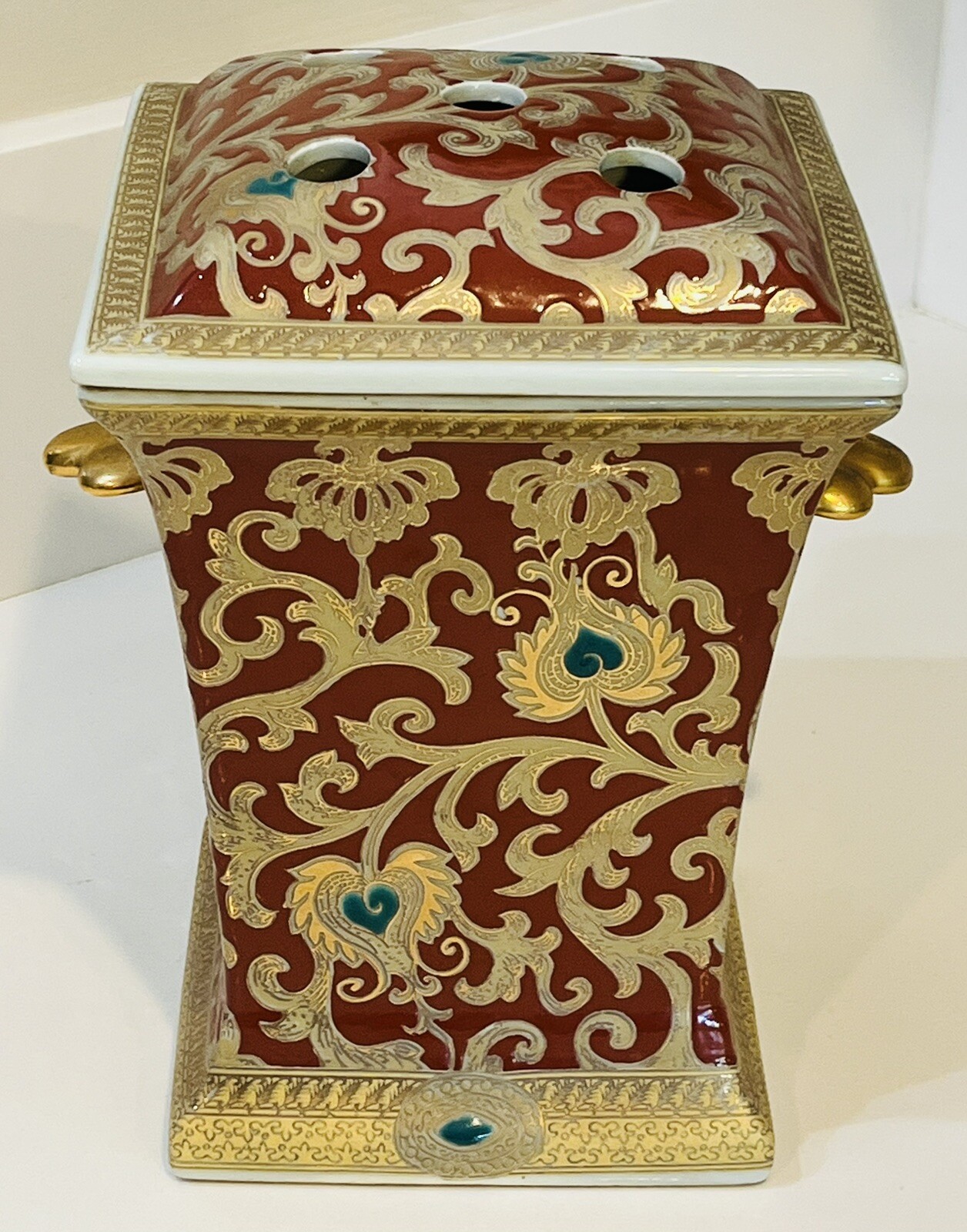 VTG – William Sung Chinese Red & Gold Tapestry Incense Burner Porcelain Jar 10″