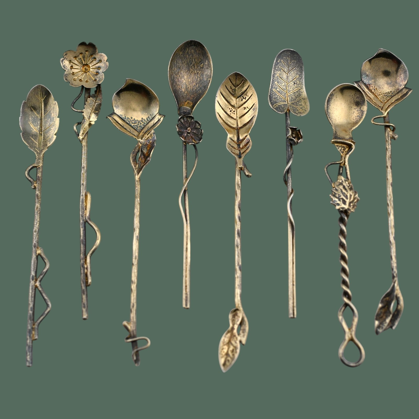 Rare 8 Sterling Silver Gorham Naturalistic Aesthetic Salt Spoons w/ applied work