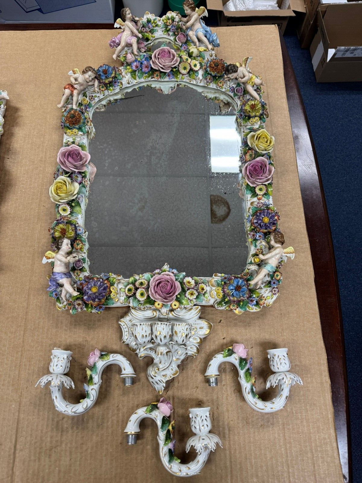 Sitzendorf Porcelain Mirror & Wall Sconces Set, Cherubs & Floral – 2 of 2(Right)
