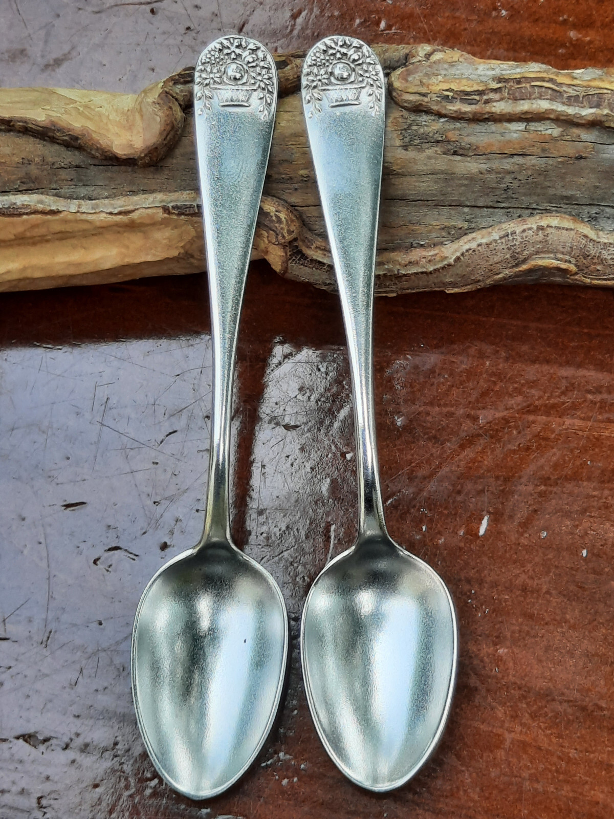 Sterling Silver Pair Durgin Basket of Flowers Demitasse Spoons, No Mono
