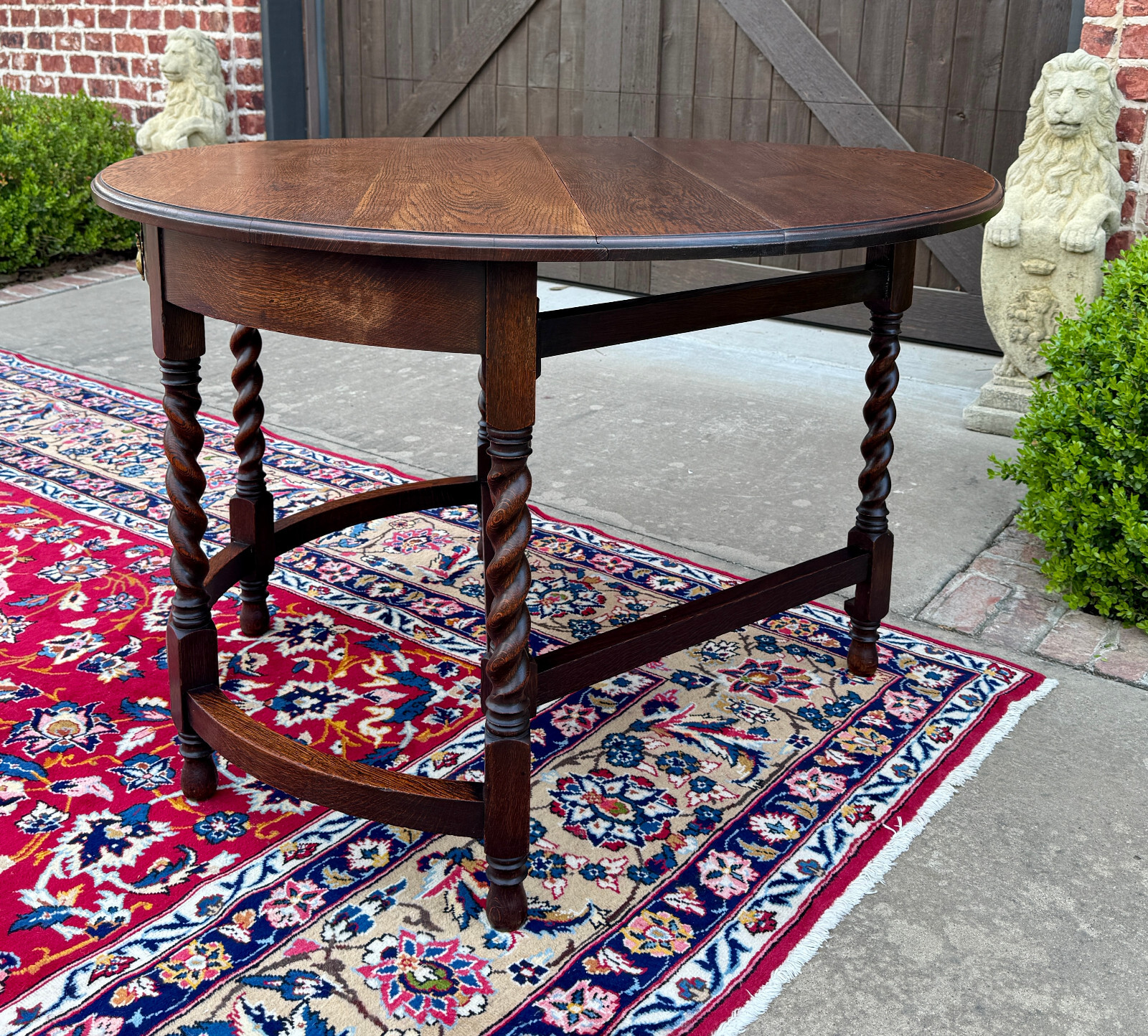Antique English Demilune Table Drop Leaf Barley Twist w Drawer Oak ROUND 1920-30