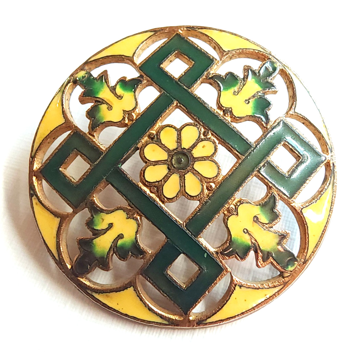Large Antique Pierced Brass Champleve Enamel Button ~ 1-1/4″ 32mm