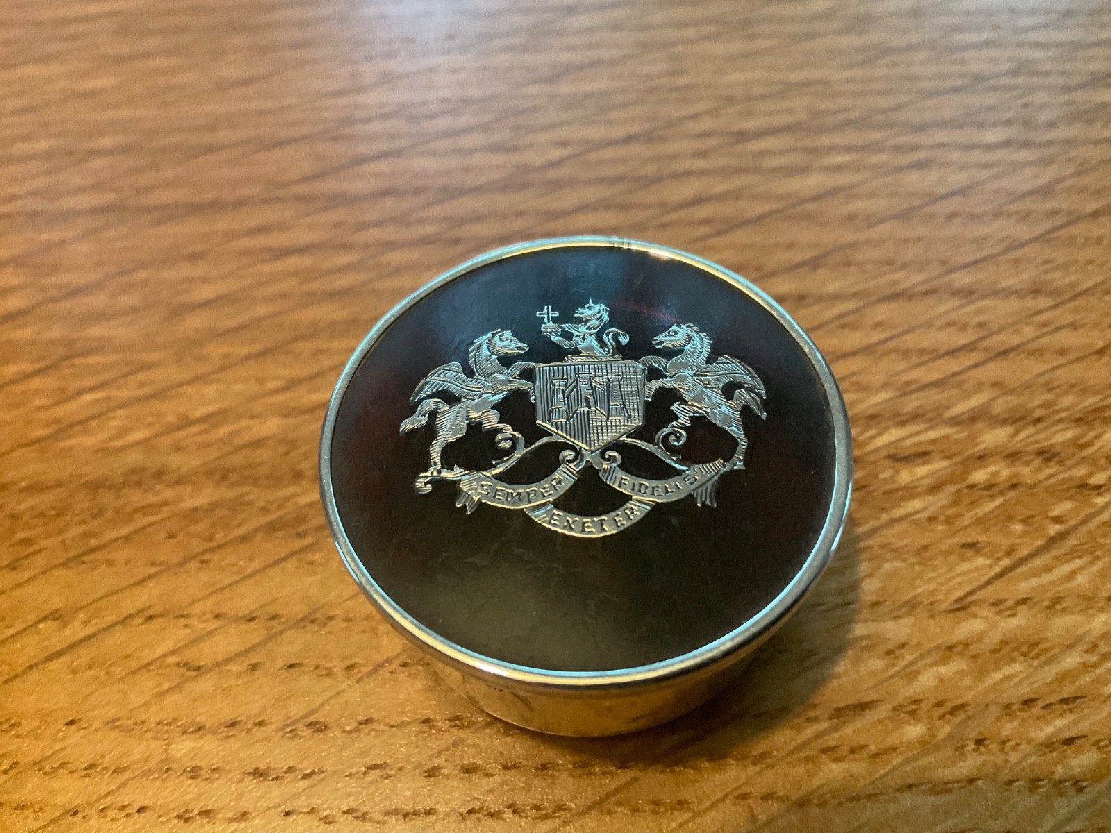 Victorian Sterling Silver & transparent top Pique Box Coat of Arms Exeter Crest