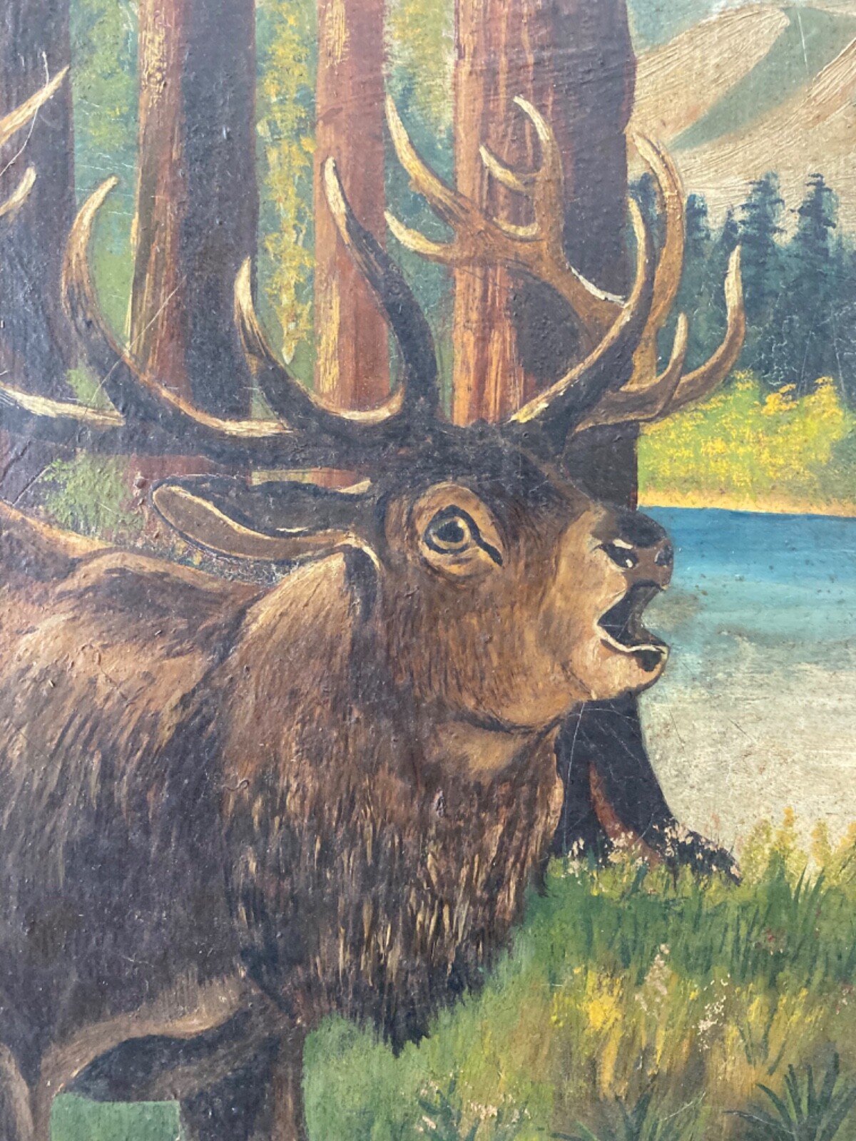 🔥 Antique Old Primitive American Folk Art Forest Elk Landscape Oil Painting ’26