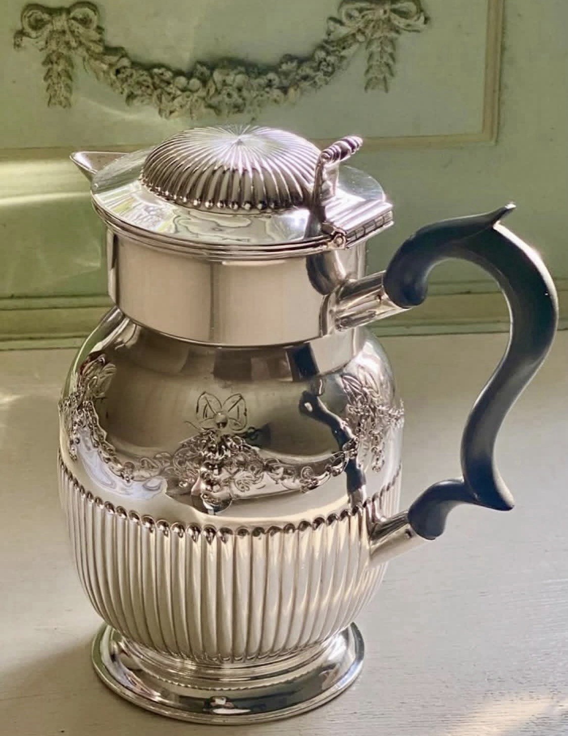 Vintage British Silver Plate Hot Water Jug Coffee Tea Pot Ribbon Garland 18cm