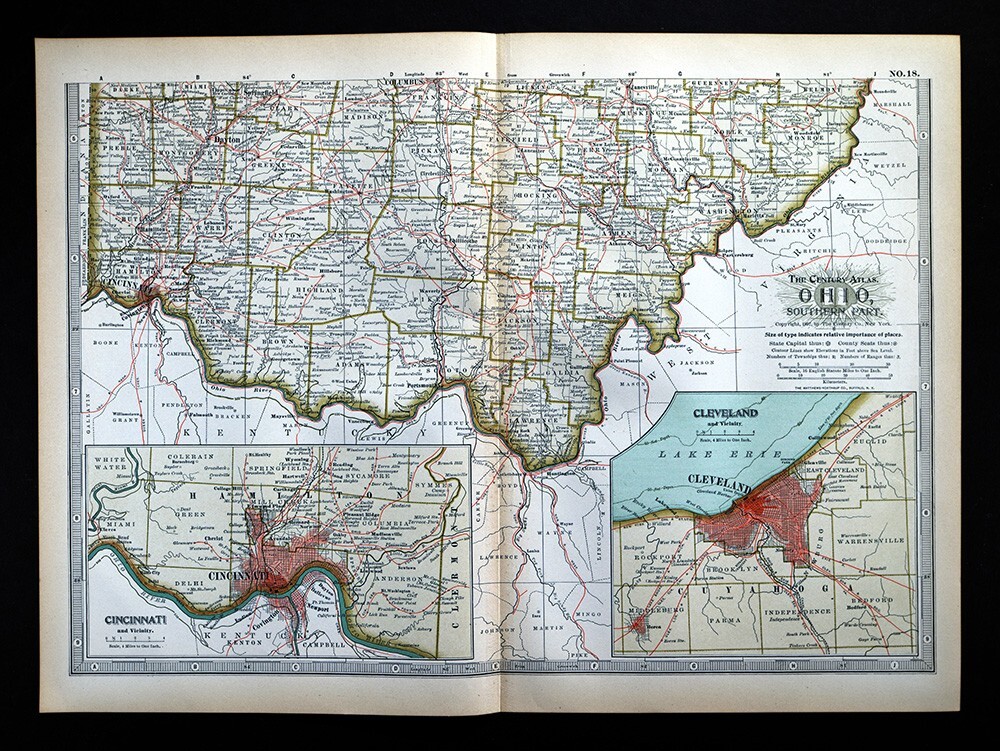 1897 Century Map South Ohio Cincinnati Dayton Columbus Athens Cleveland Plan OH