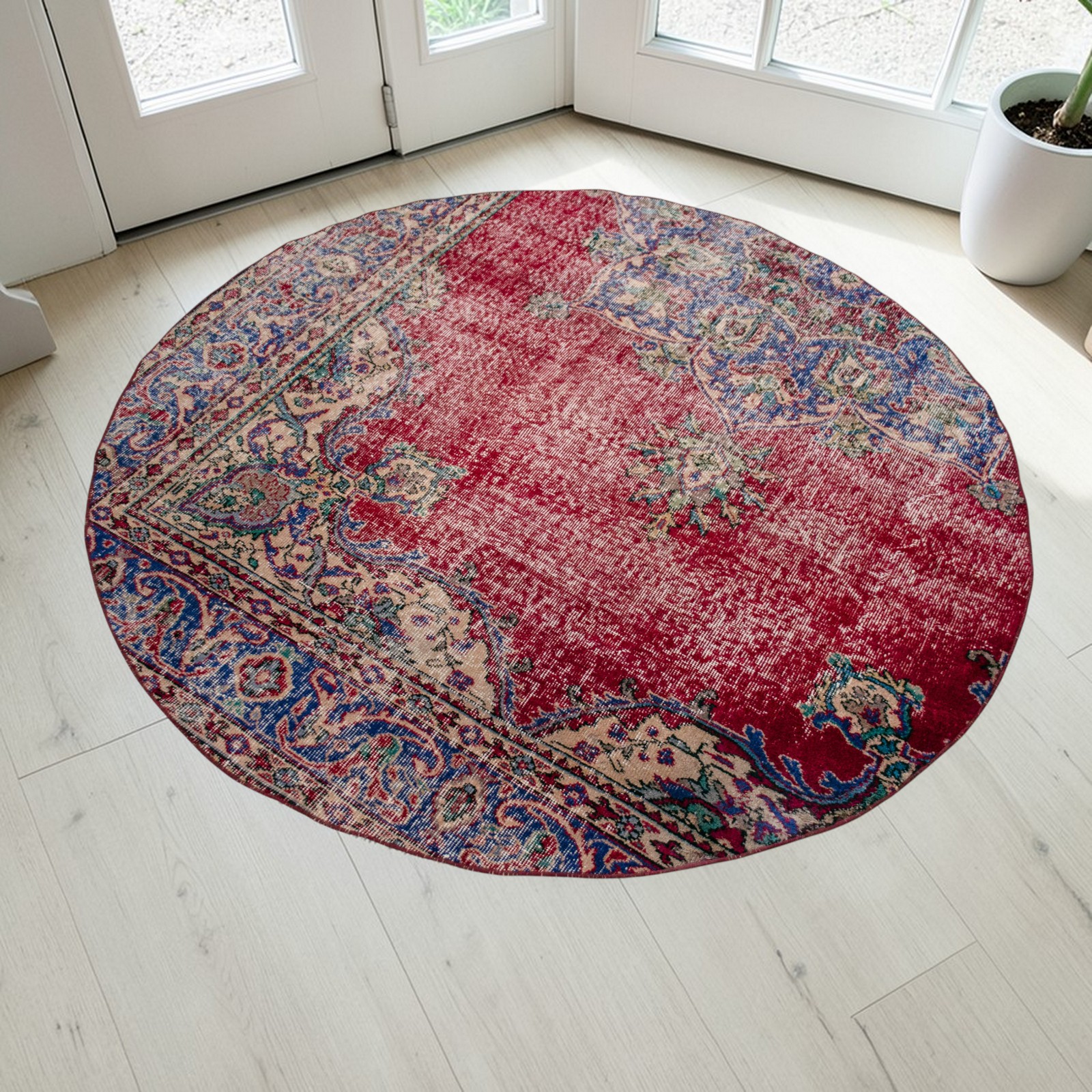 5’2″ Round Turkish Rug Upcycled Vintage Hand Knotted Wool Circle Area Rug