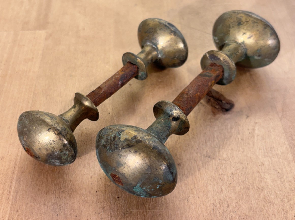Two Antique Brass Door Knob Sets, Egg Shape, Large and Small, Worn