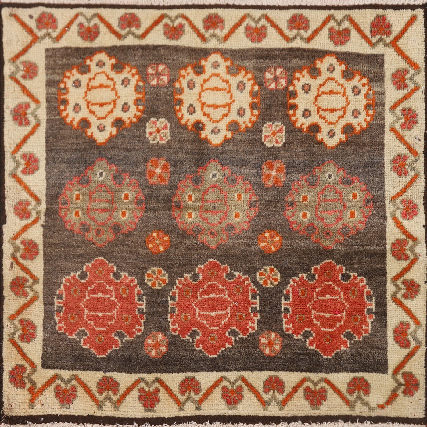 Vintage Dark Brown/ Ivory Abadeh Accent Rug 2’x2′ Square Handmade Foyer Carpet