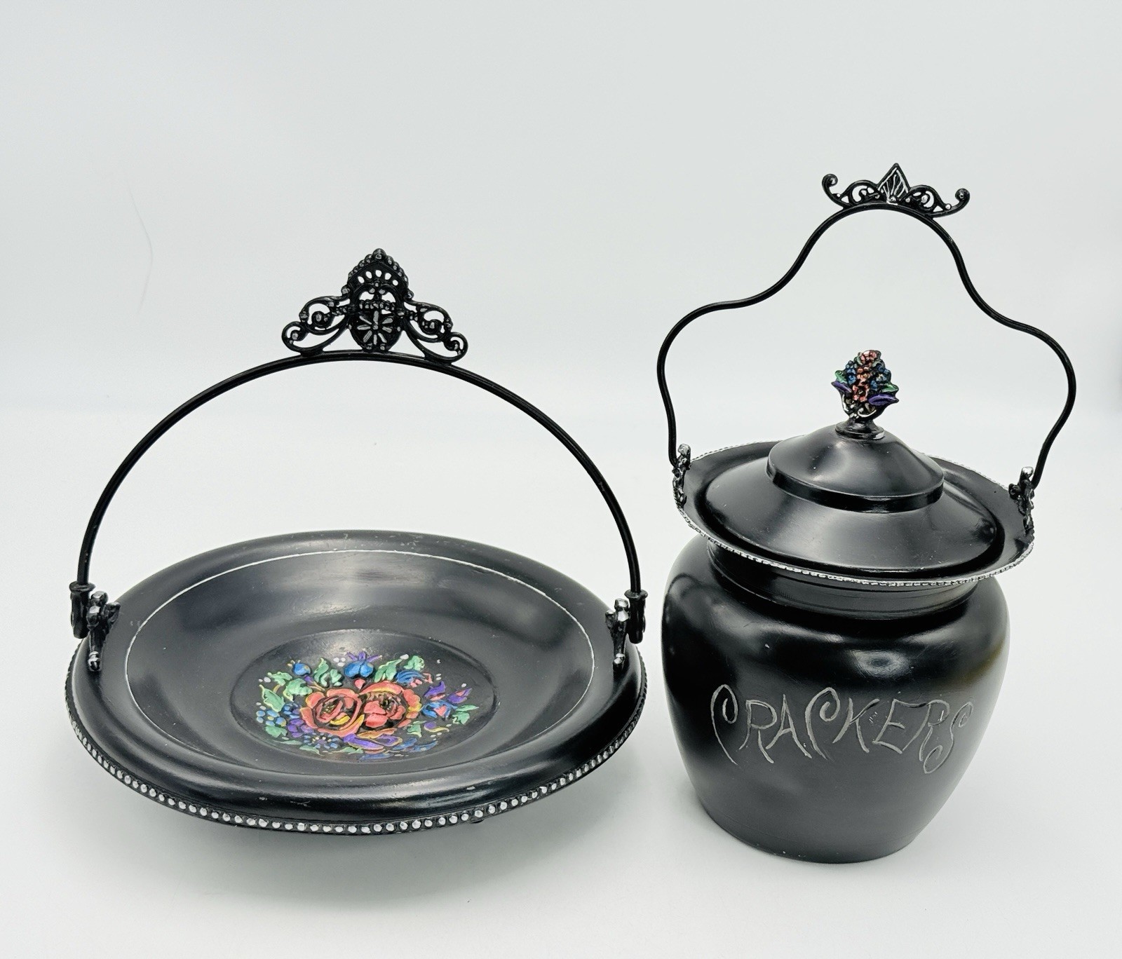 Antique Quadruple Plate Toleware Cracker Jar & Bowl Plate Set Black Floral Décor