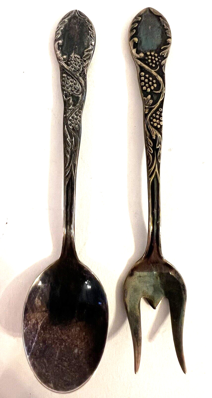 VTG Miniature Condiment Silverplate 2 Prong Fork & Spoon 4 1/4” Grapes Ornate