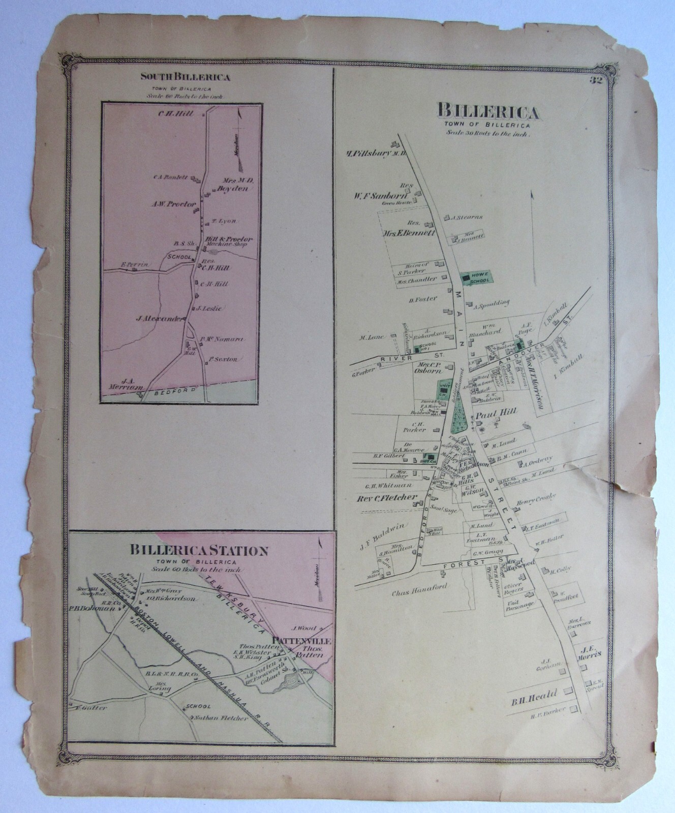 Town Of Billerica MA – Tewksbury 2-Sided 1875 F. W. Beers Atlas Map