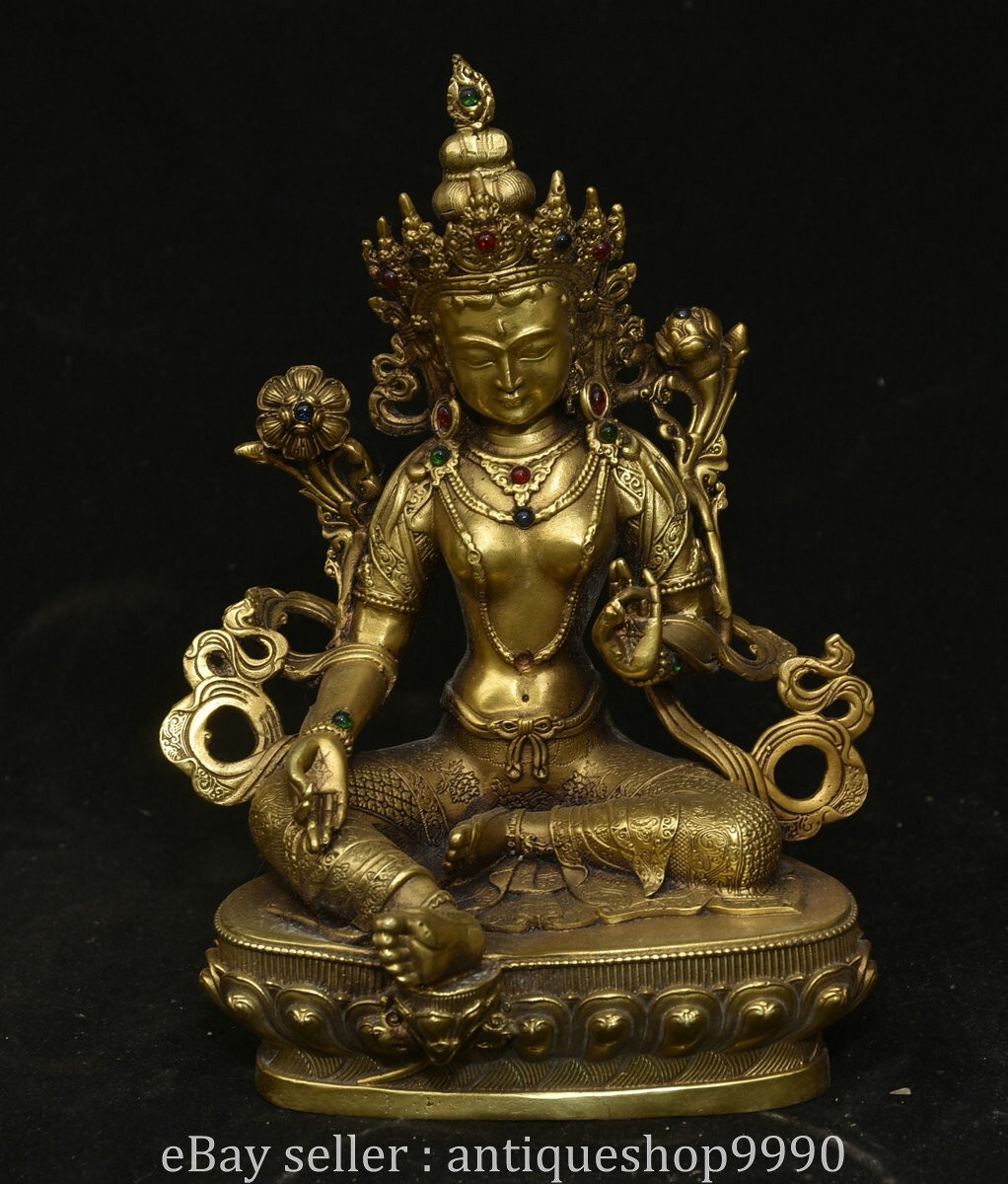 8″ Old Tibetan Buddhism Temple Copper Sit Green Tara Goddess Sculpture