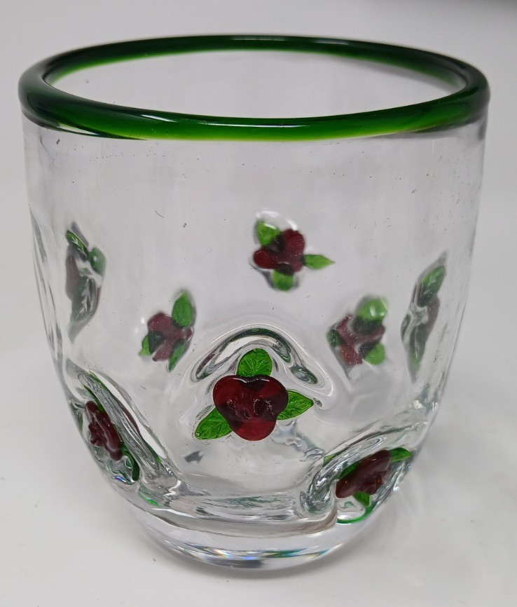Mackenzie Childs Rose Infused Glass 3 3/4″ Tall x 3 1/4″ diameter SCARCE