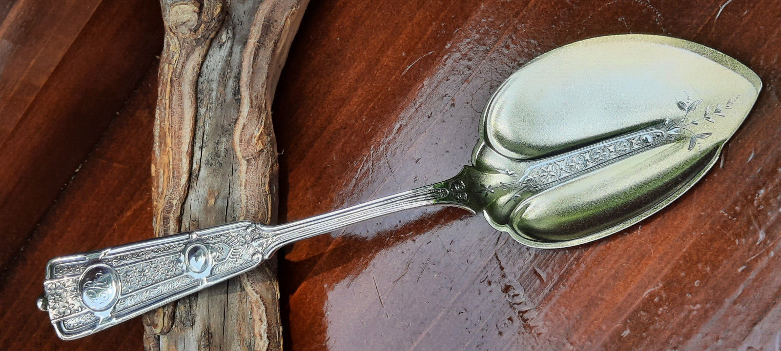 Sterling Silver Wendt Ribbon Pattern Jam or Pudding Spoon w Goldwashed Blade