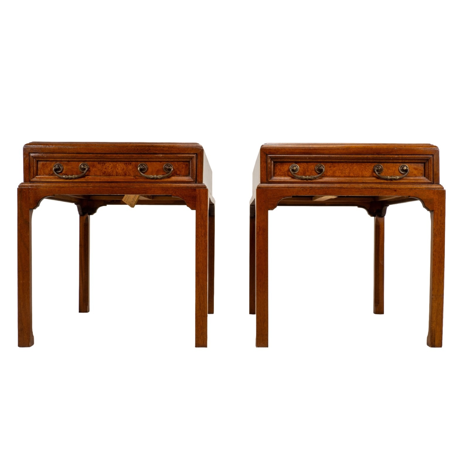 Vintage Burl Walnut Nightstands by Fine Arts Furniture W/ Brass Handles – A Pair