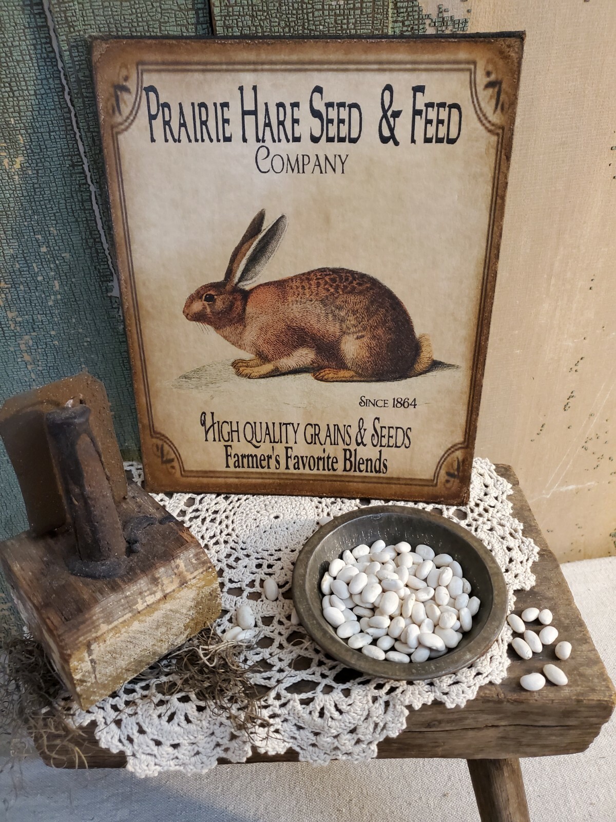 PRIMITIVE VICTORIAN VINTAGE PRAIRIE HARE RABBIT BUNNY SEED AND FEED SIGN CANVAS