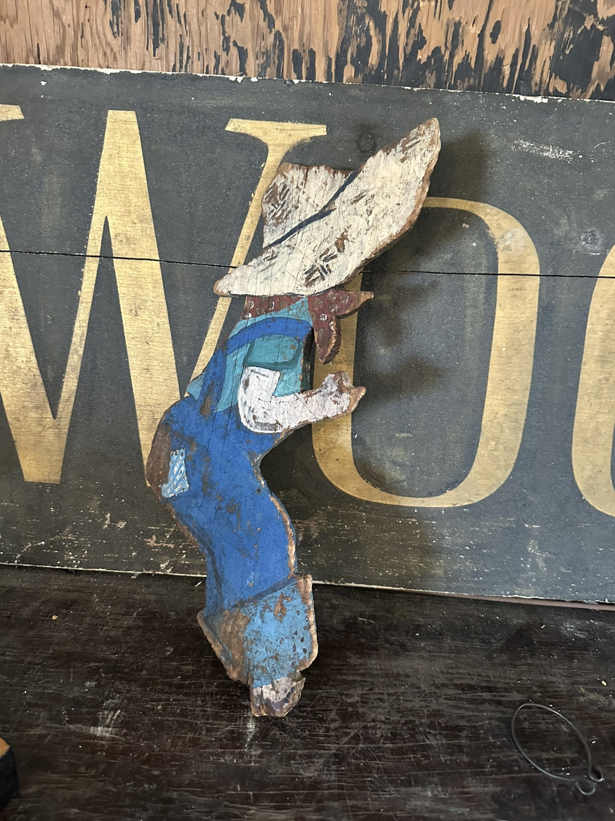 1800s Farmer Boy Lawn Primitive Country Folk Art Overalls Farm Robin Egg Blue