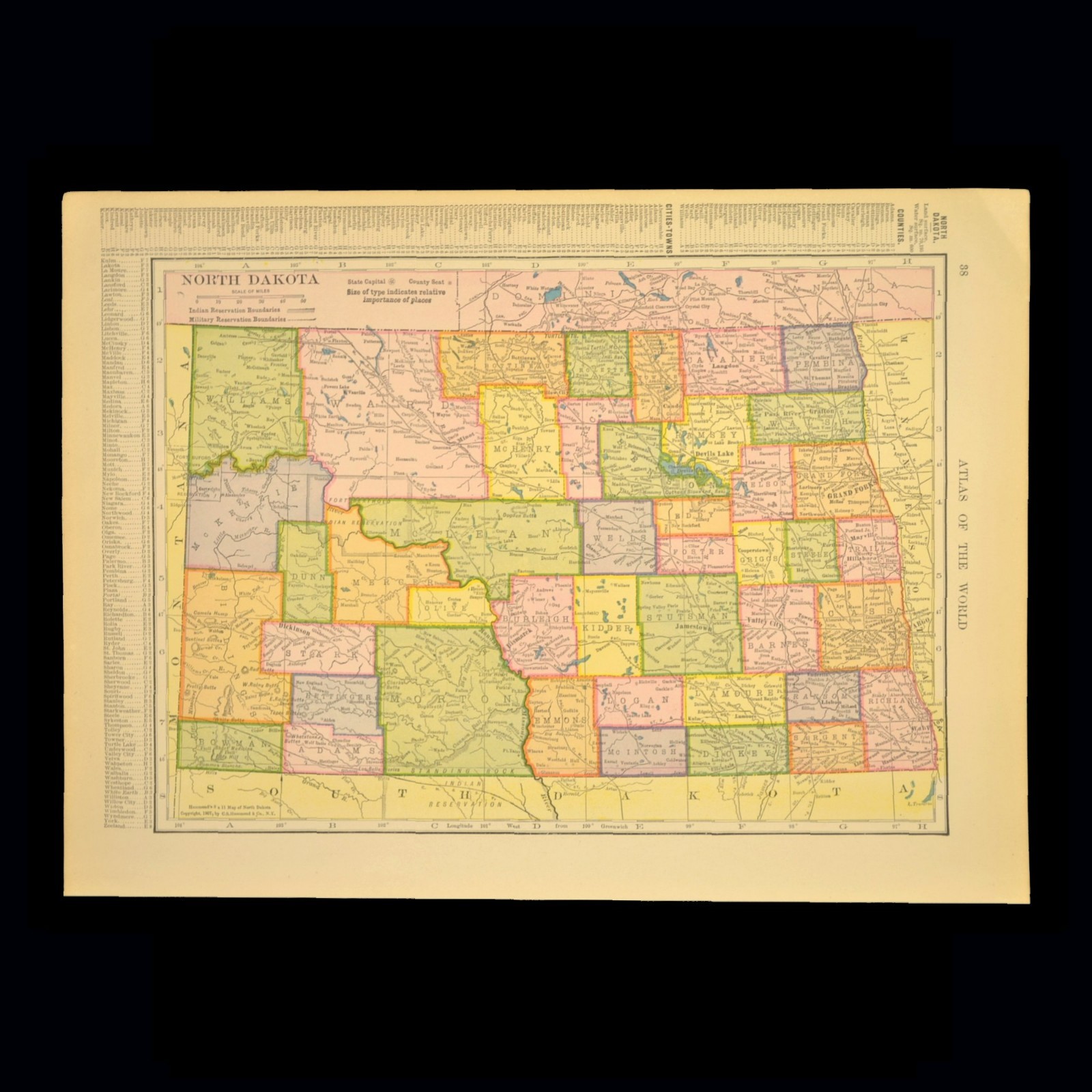 1907 Antique NORTH DAKOTA Map Colorful Original Atlas Bismarck Devils Lake DATED