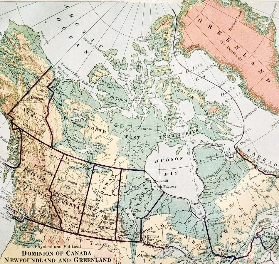 1916 Map Canada Dominion Newfoundland Greenland Physical Political DWSS15