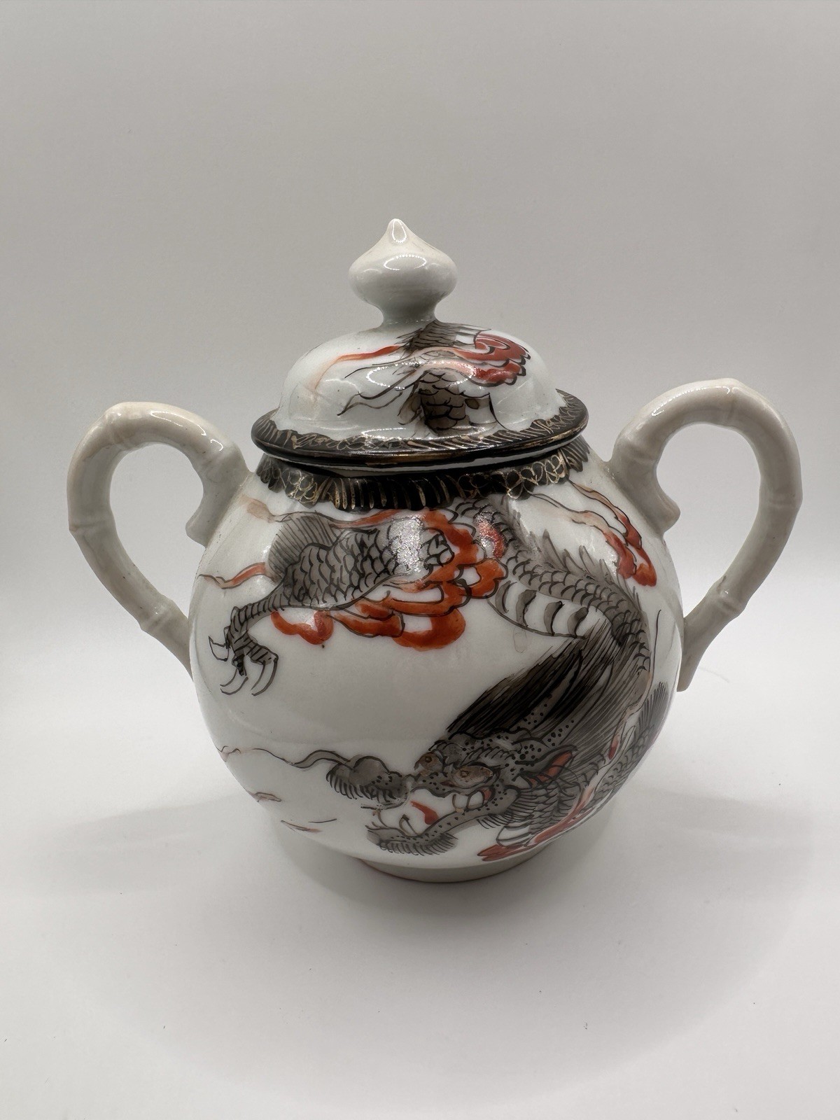 Antique Japan Kutani Porcelain Jar Lid Container Hand Painted Dragon Handles