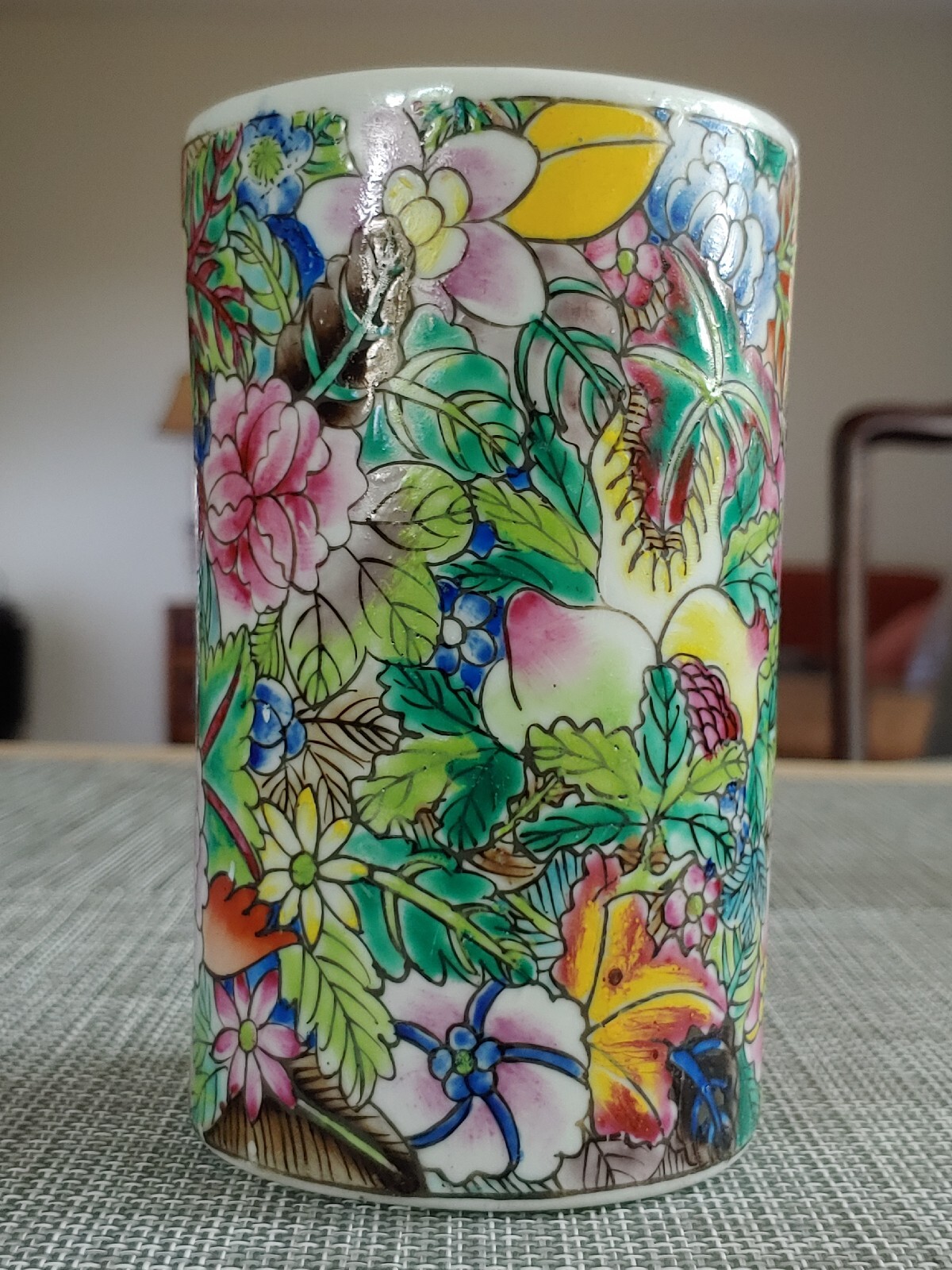 民国手绘粉彩瓷器百花不露地笔筒 Antique China Famille Rose Porcelain Painted Full Flower Art Pot