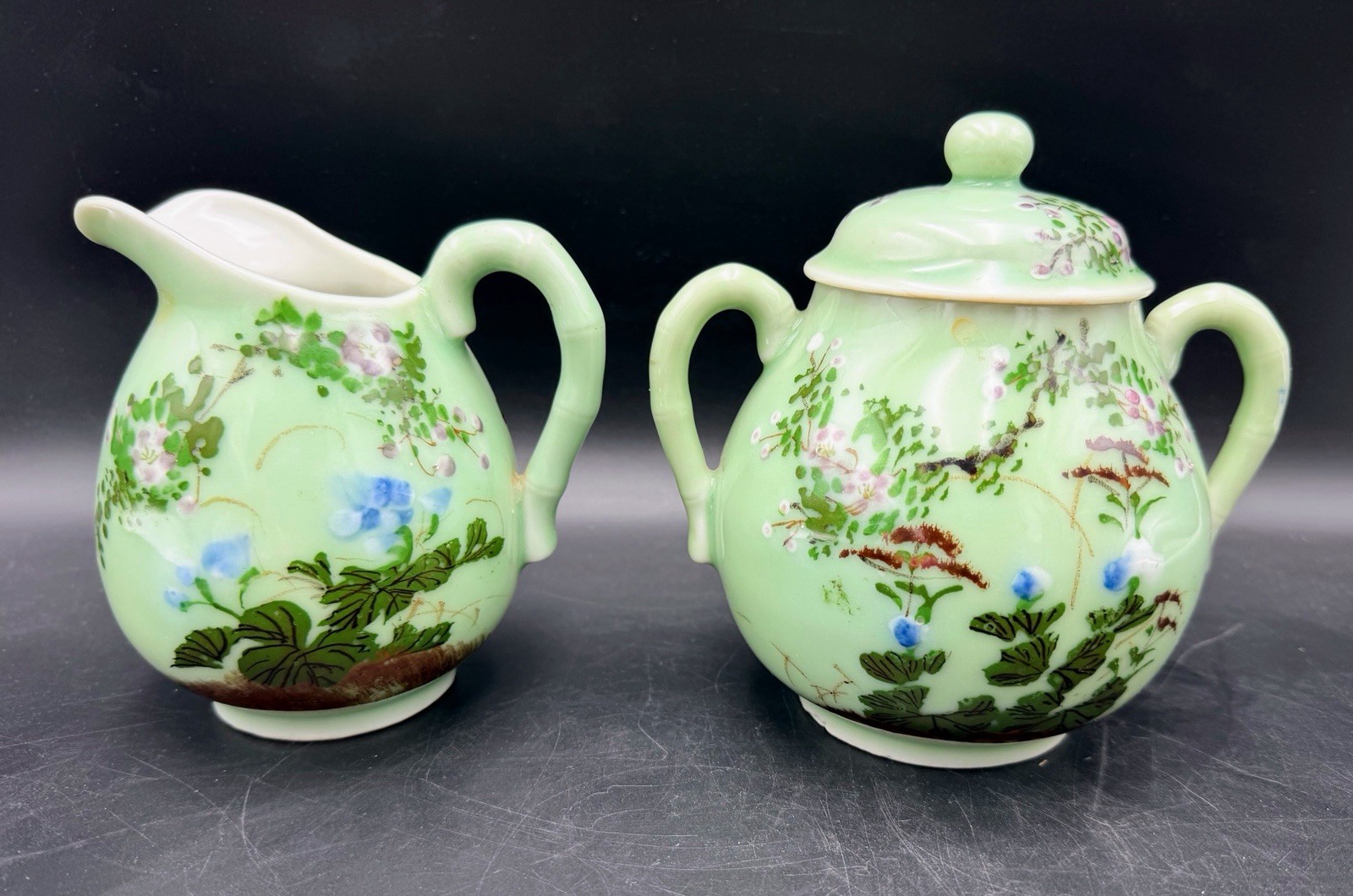Japanese Seto Celadon Porcelain Sugar Bowl Jug Meji 1891-1920 Oriental Chinese?