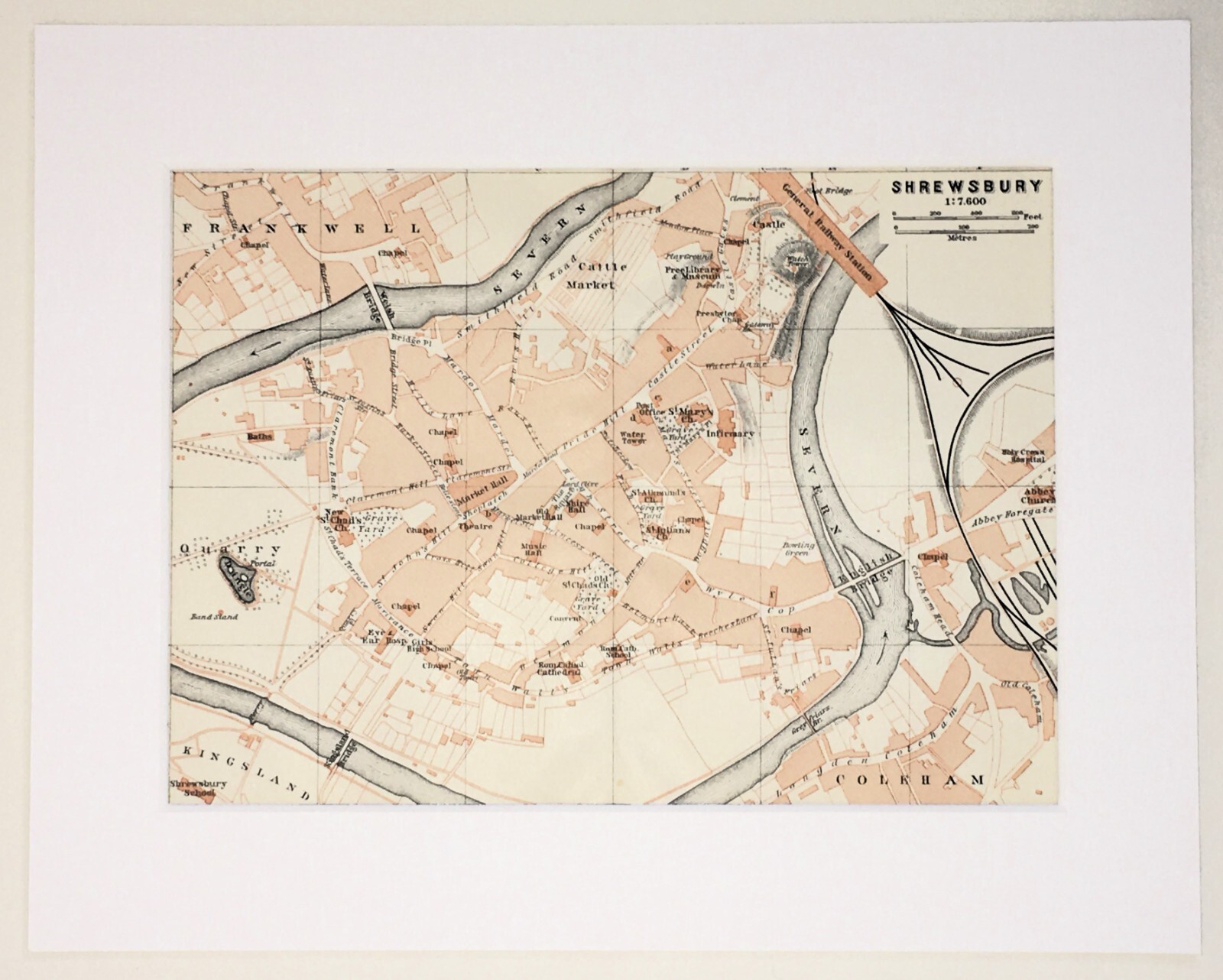 SHREWSBURY 1910 ANTIQUE CITY PLAN Colour Map – Mounted For Framing