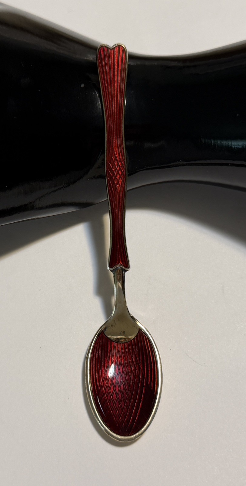 Vtg Norway Einar Modahl Sterling Silver Red Guilloche Enamel Demitasse Spoon 4”