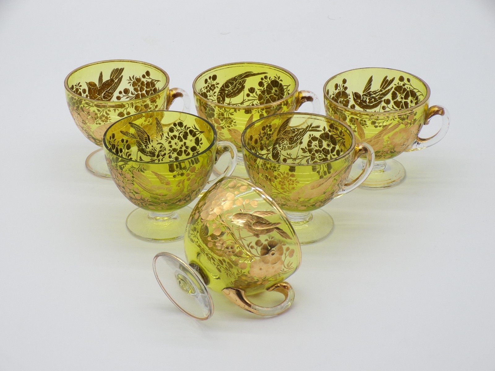 6 Bohemian Josephinenhutte Green Intaglio Gold Birds & Floral Art Glass Cup Set