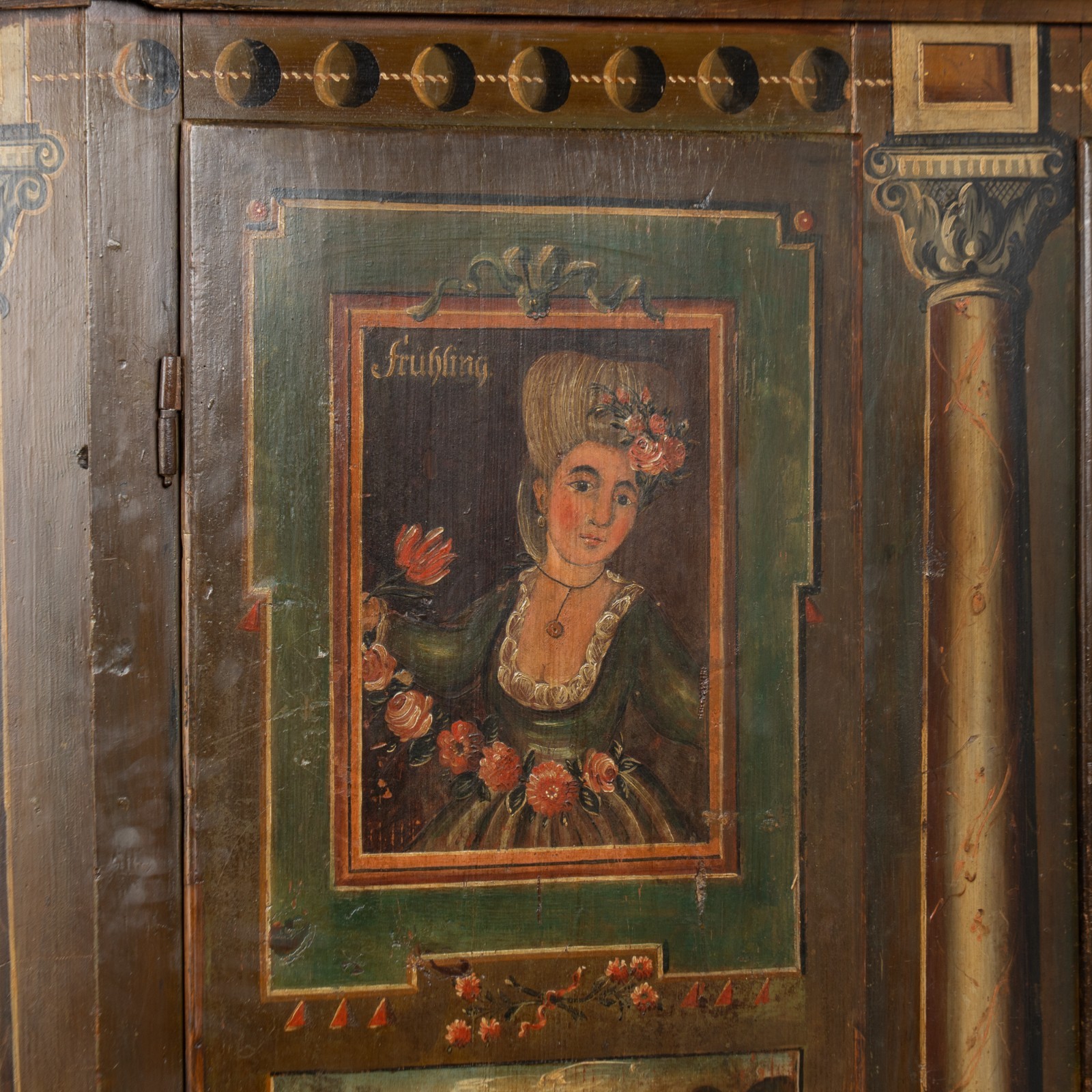 Original Painted German Shrunk Armoire with Four Seasons, Dated 1802