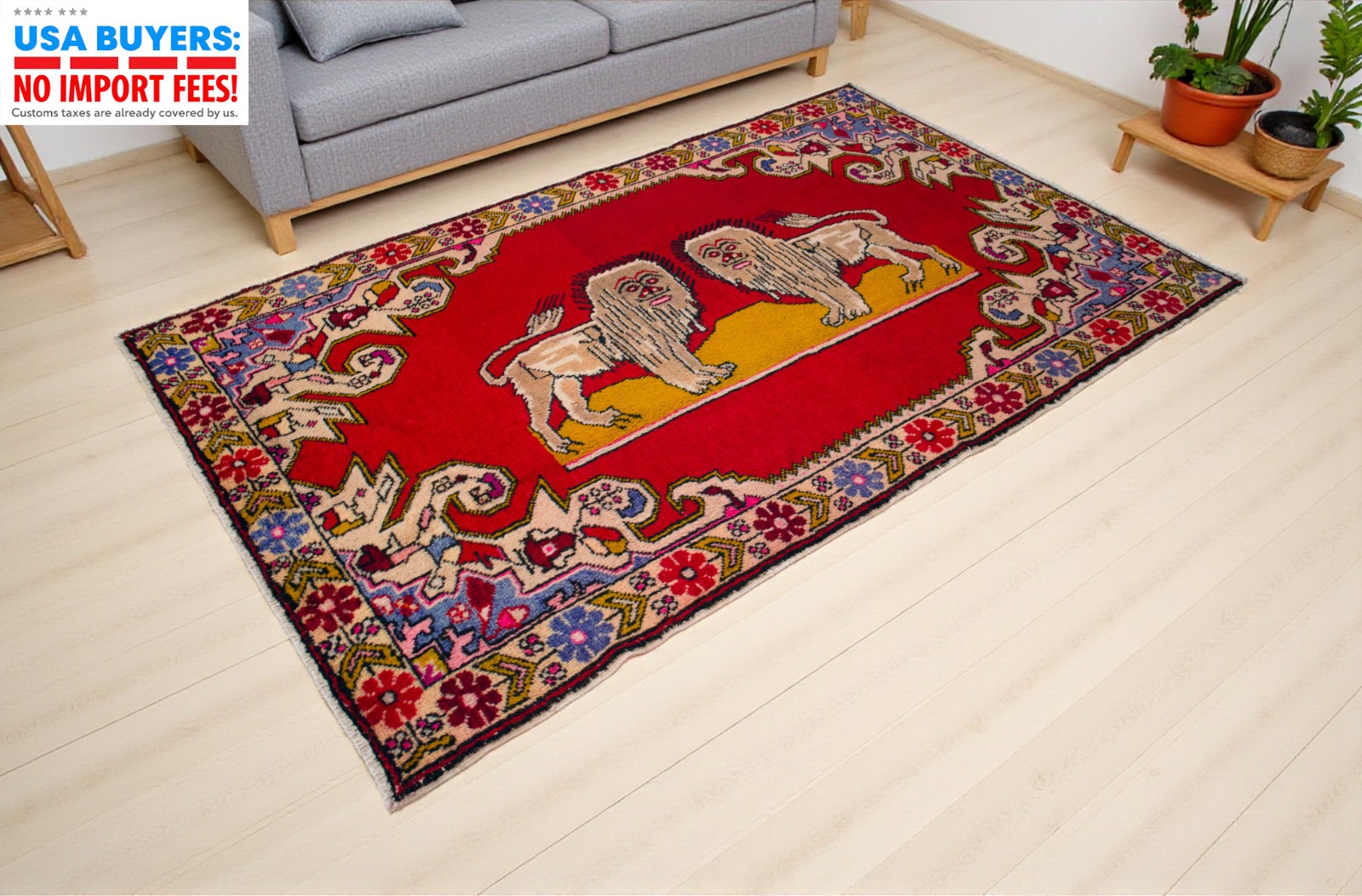 VINTAGE but NEW Turkish Rug | Hand Made Area Rug with Rare Lion Motif 5x8ft aprx