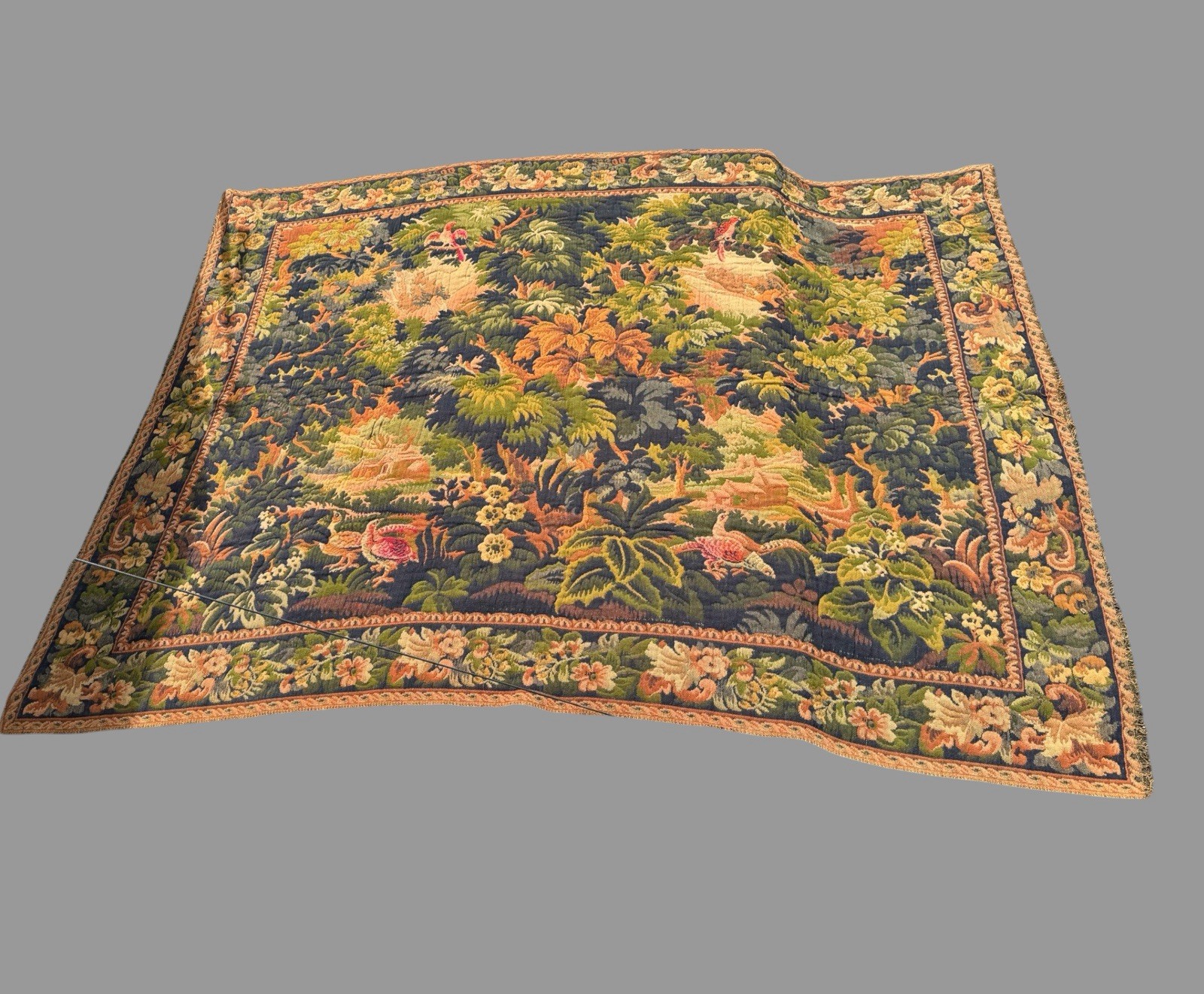 Antique French Aubusson Hand Woven Scenic Landscape Tapestry w Birds 70″ x 90″