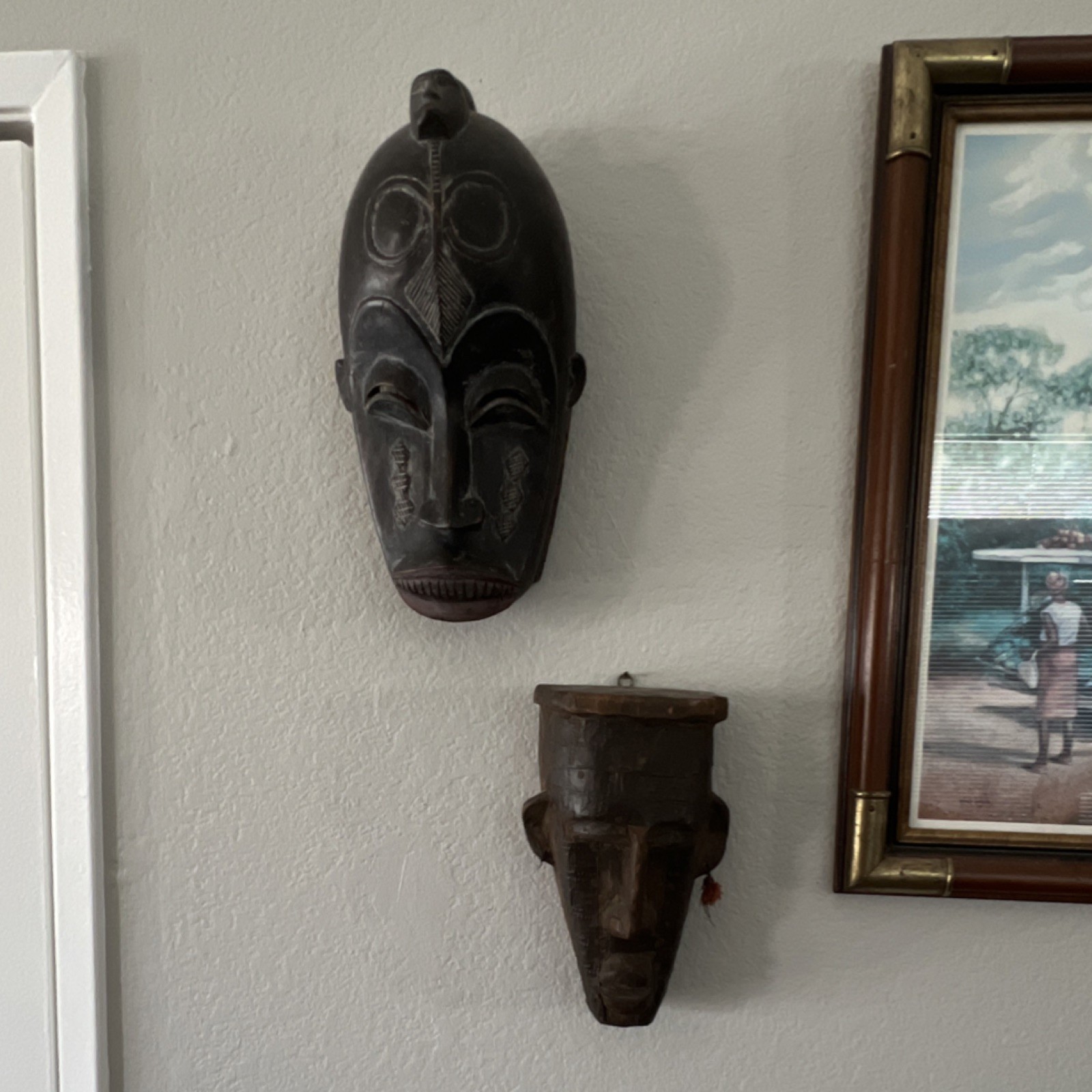 Pair of Carved African Wooden Masks Antique Dark Wood Tone Ethnographic