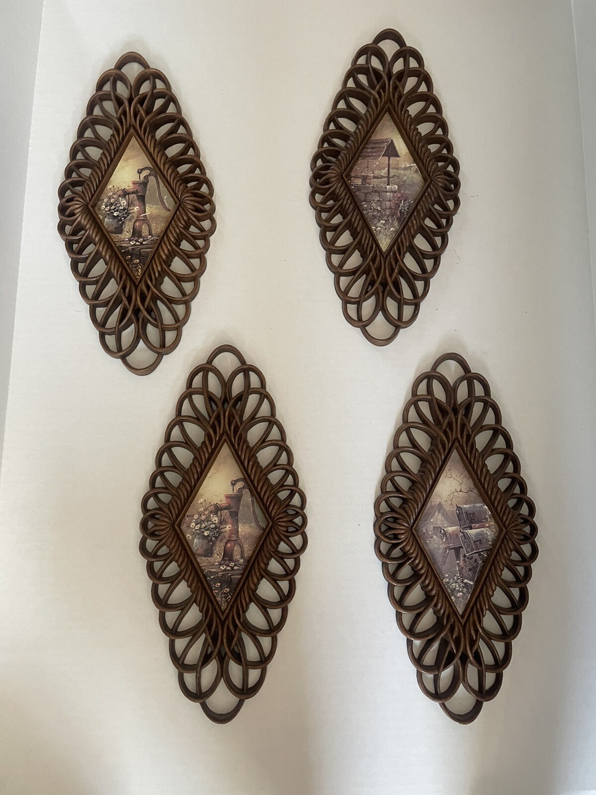 Lot of 4 Vintage Burwood #1350 Diamond Shaped Wall Hanging Home Decor Plaques