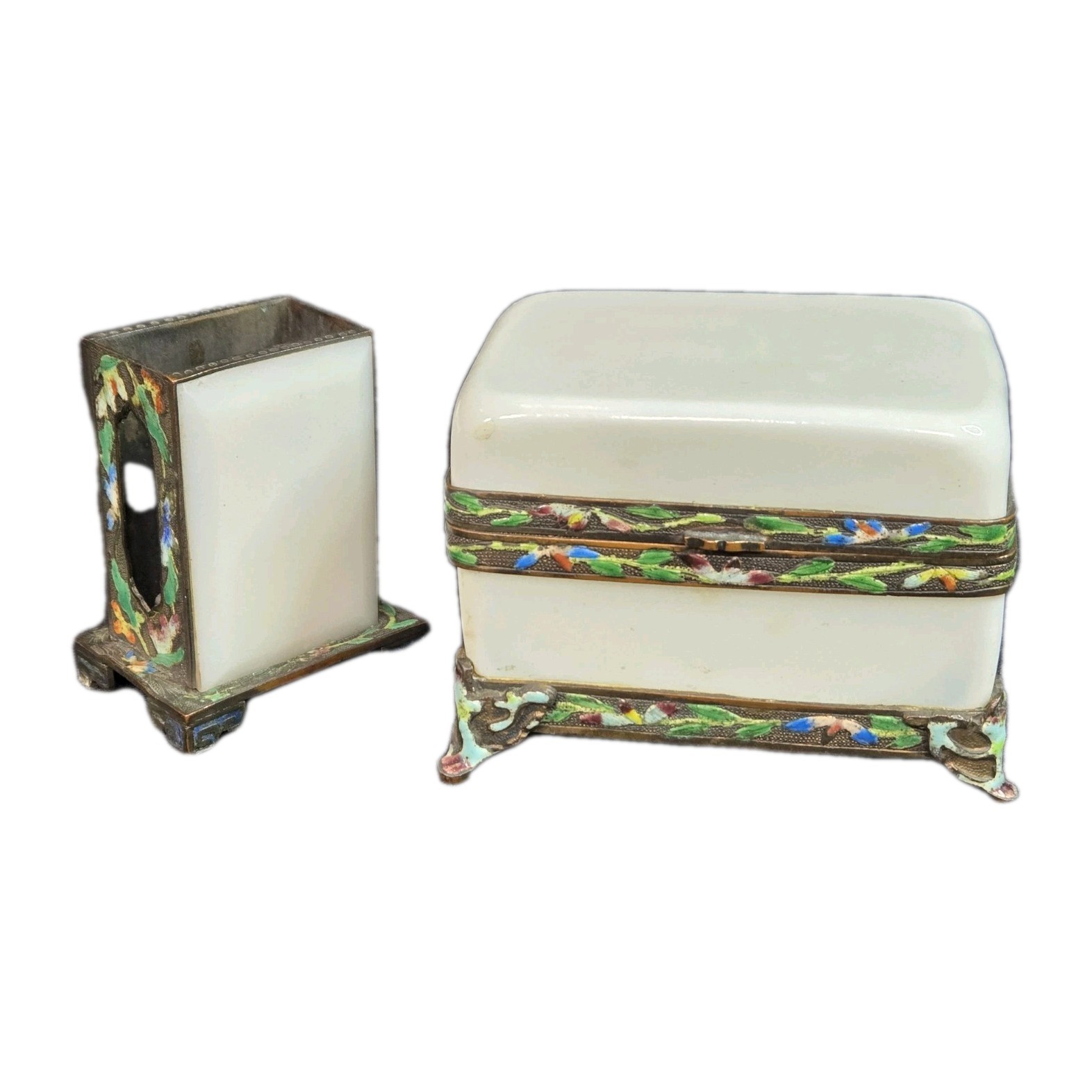 Antique Chinese Champleve Brass Opaline Peking Glass Trinket Box & Match Holder