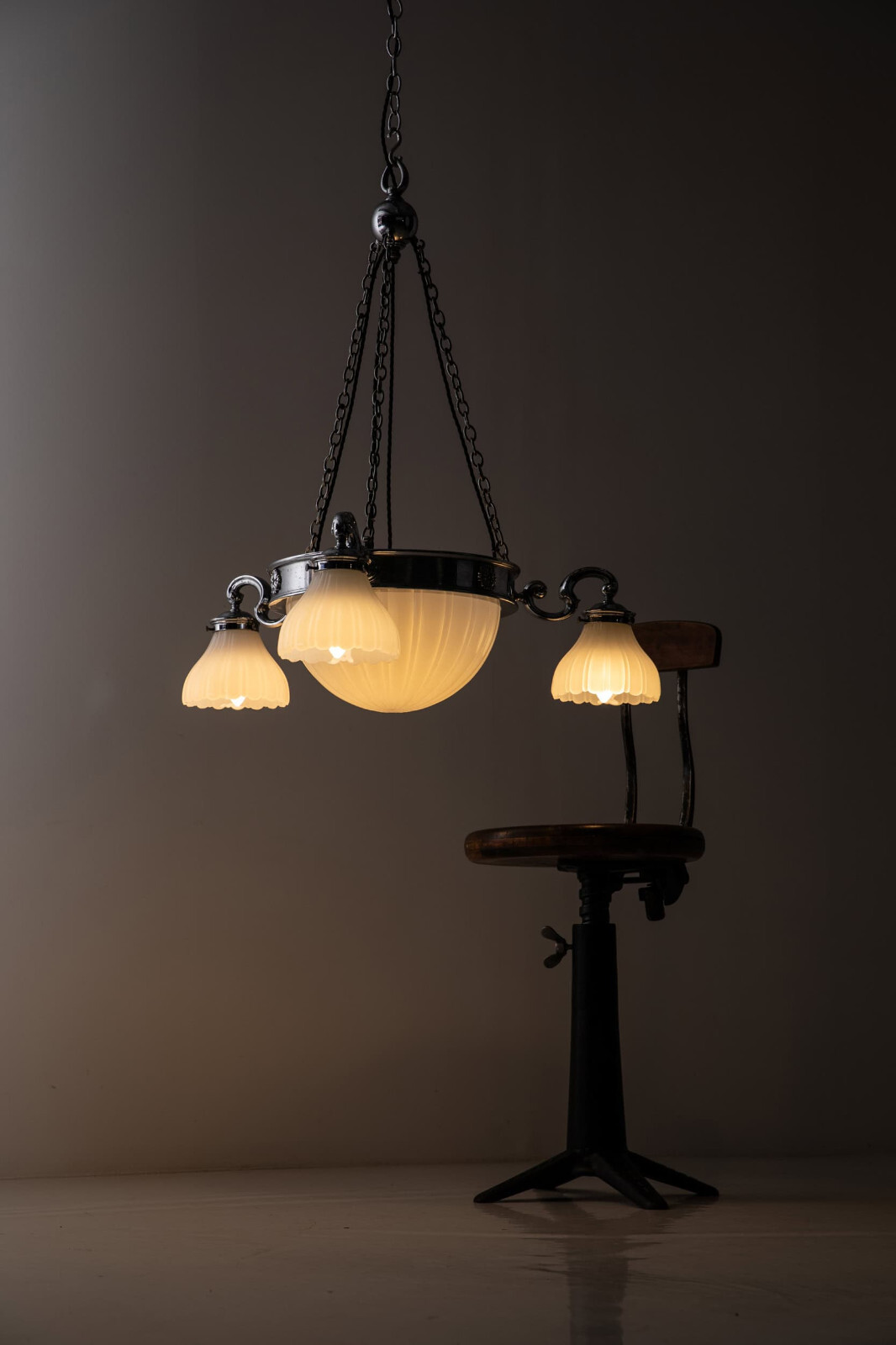 Antique Chrome Art Deco GEC Moonstone Ceiling Opaline Glass Chandelier Light