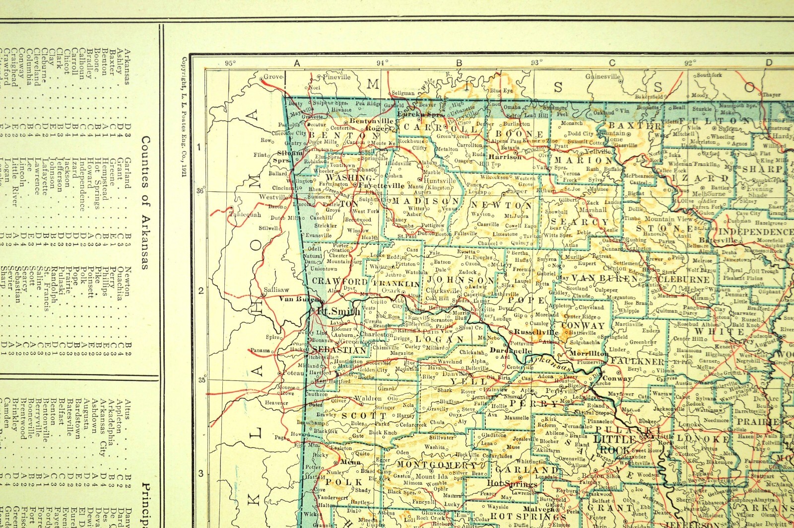 Vintage ARKANSAS Map Wall Art Old Original Little Rock Antique DATED 1921