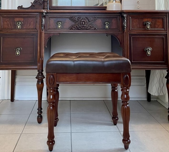 Vintage Style Vanity Stool Footstool Brown Leather Padded Cushioned Piano Bench