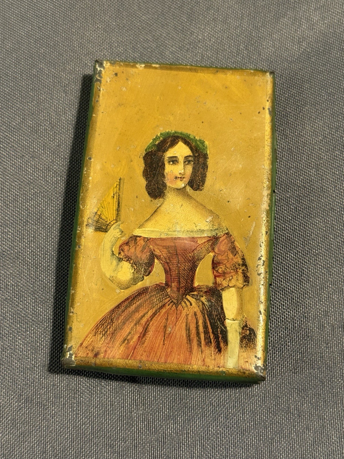 Antique Primitive Miniature Folk Art Painting Portrait on Early Tin Case