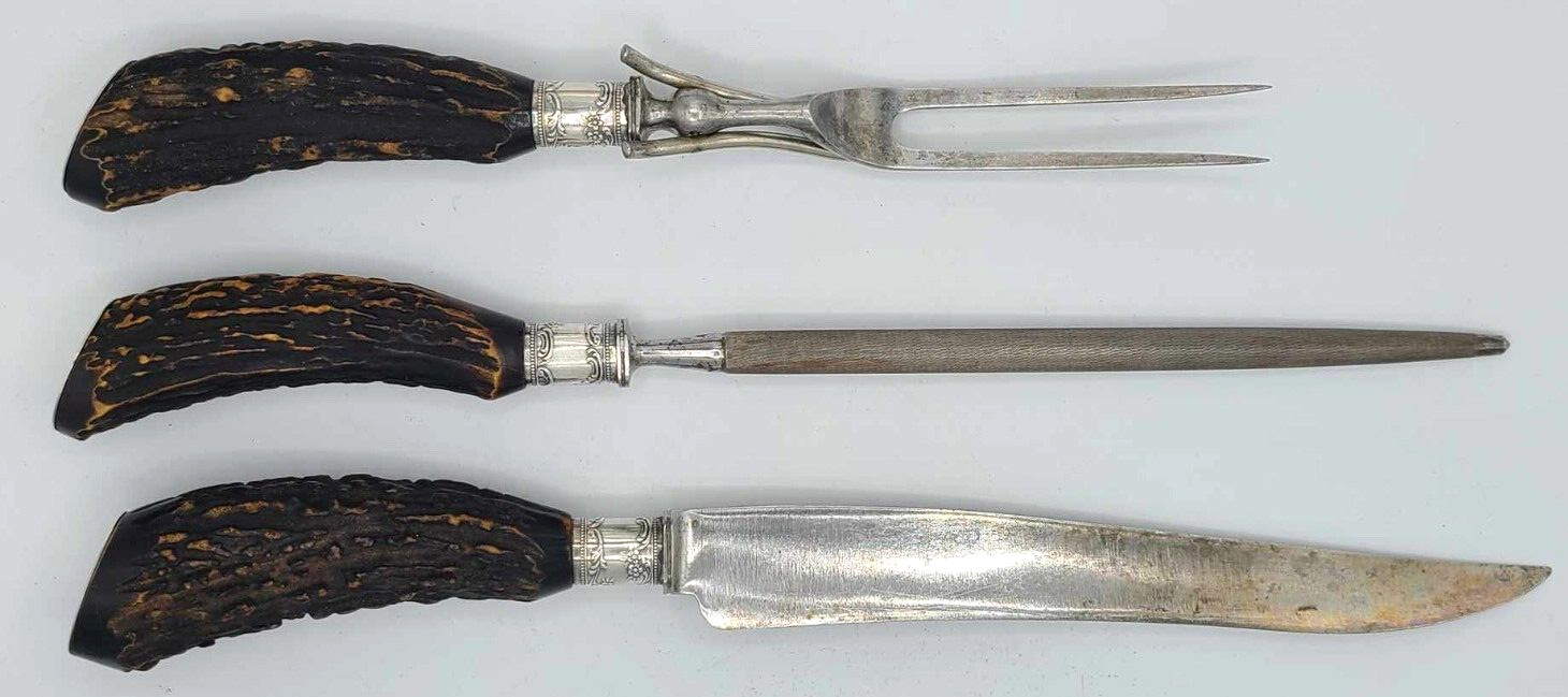Antique Lamson & Goodnow Sterling Silver & Stag Horn Handle 3 piece Set Monogram
