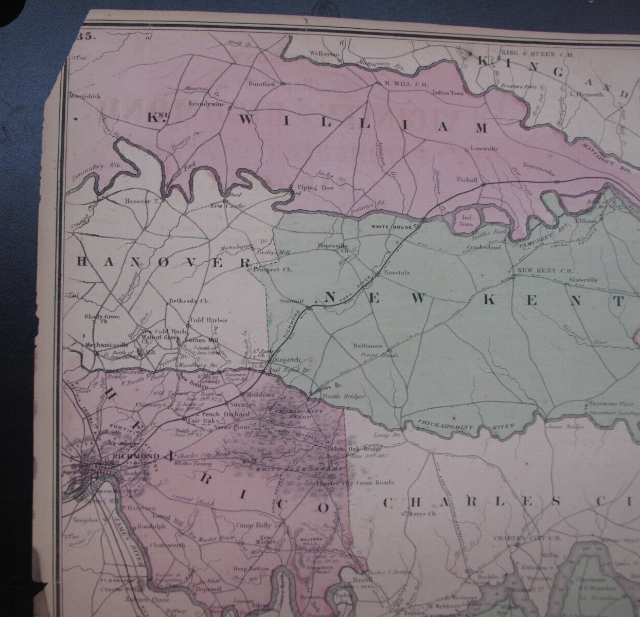 Hand ColorJohnson Map Vicinity Richmond Peninsular Campaign VA Civil War 1862