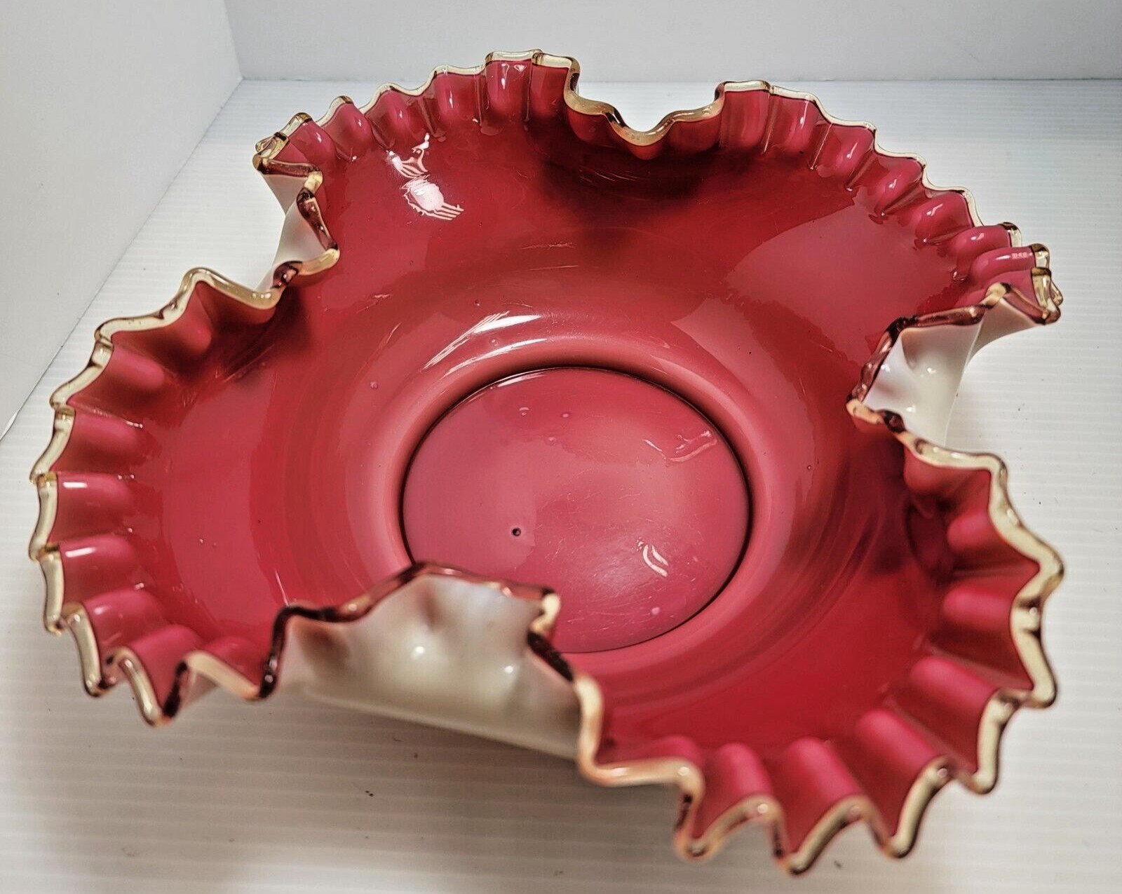 Antique Davidson Glass Cream Cased Amber Crested Cranberry Glass Ruffled Bowl