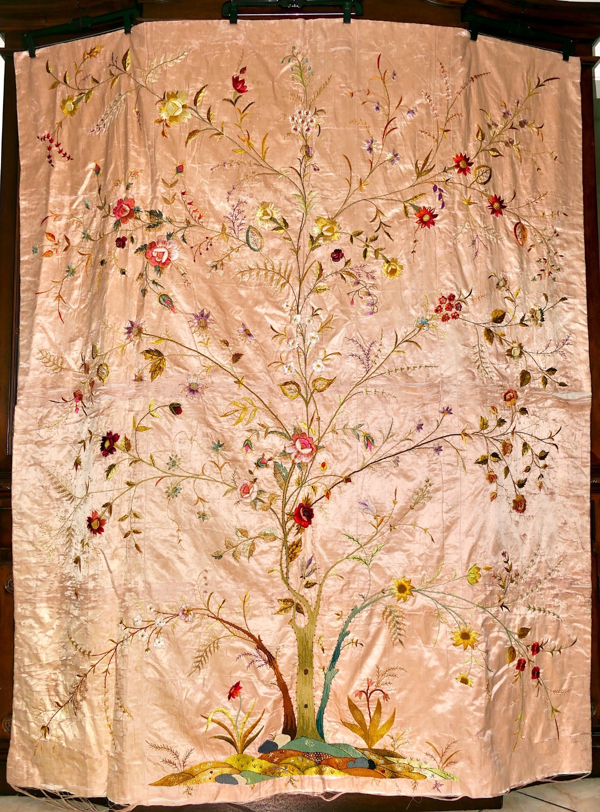 18th C Chinese Palampore Guangzhow Silk Embroidery Textile Panel Tree Of Life