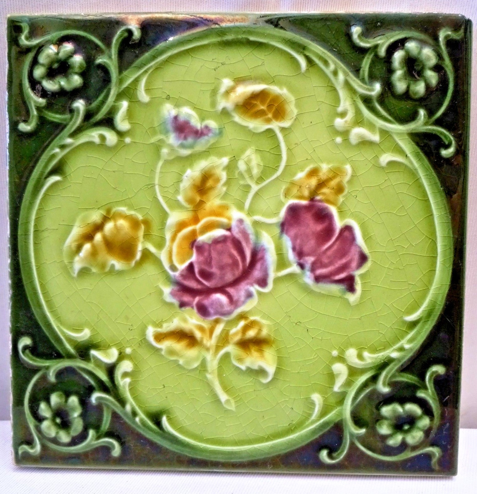 TILE VINTAGE PORCELAIN ROSE PURPLE ENGLAND ART NOUVEAU MAJOLICA COLLECTIBLES#110