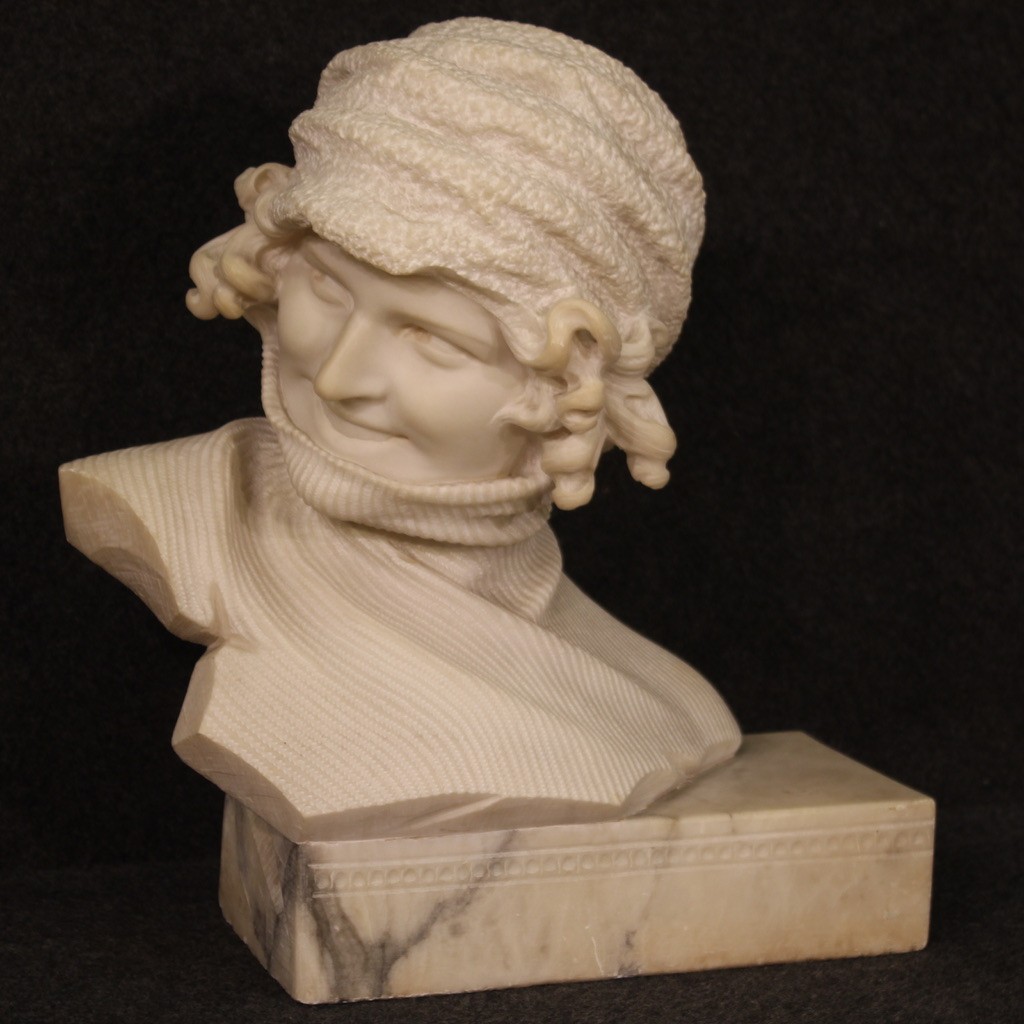 Marble signed statue woman portrait girl 20th century sculpture half bust