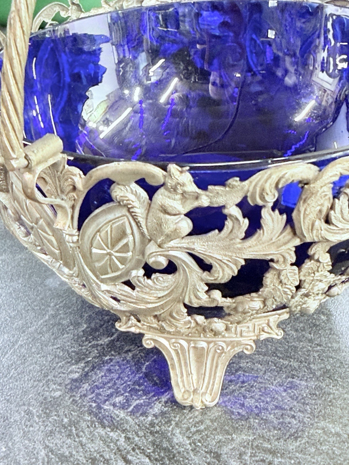 Antique Silverplate Footed Nut Dish With Squirrels Eating Nuts Cobalt Blue Bowl