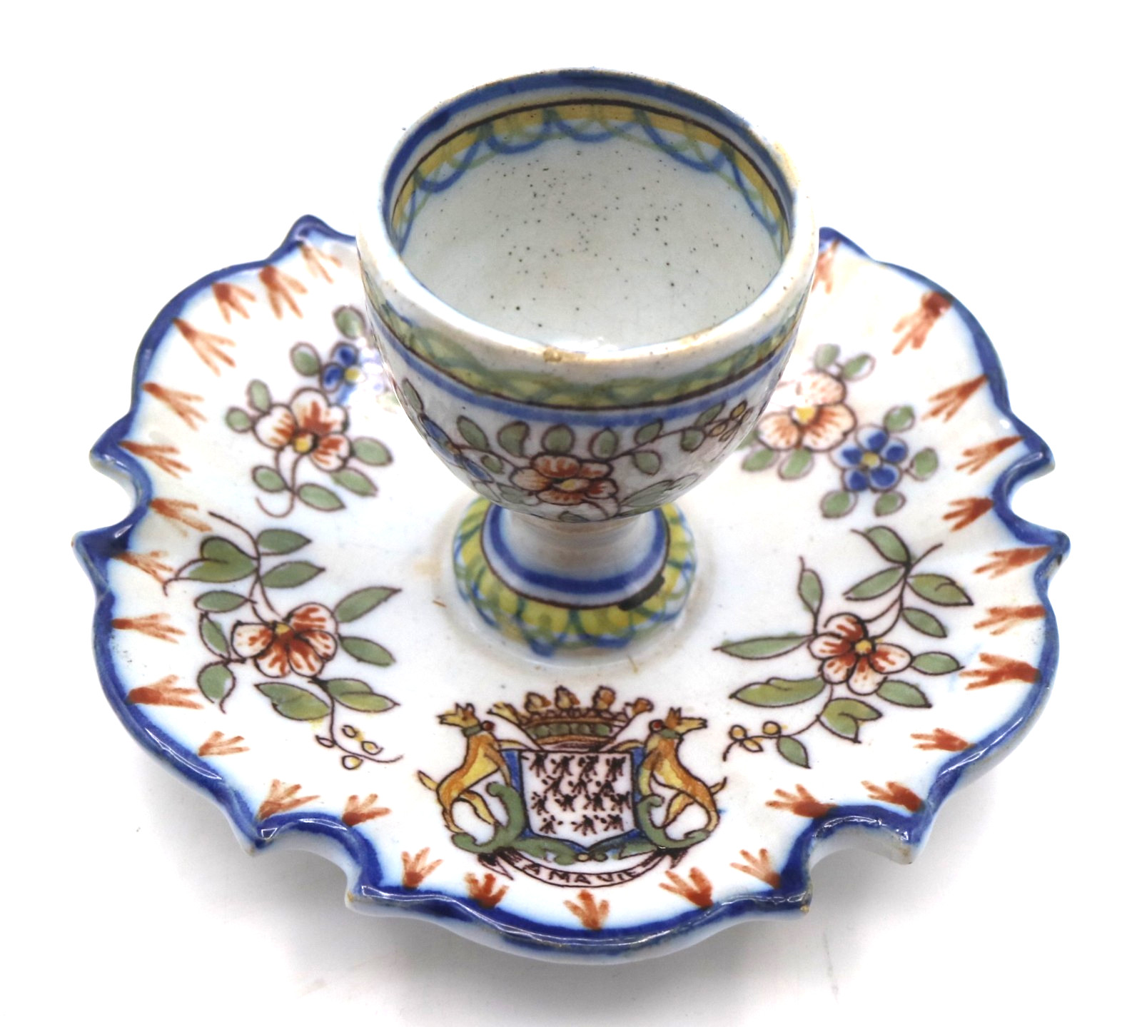 Antique French Faience Eggcup with Attached Plate