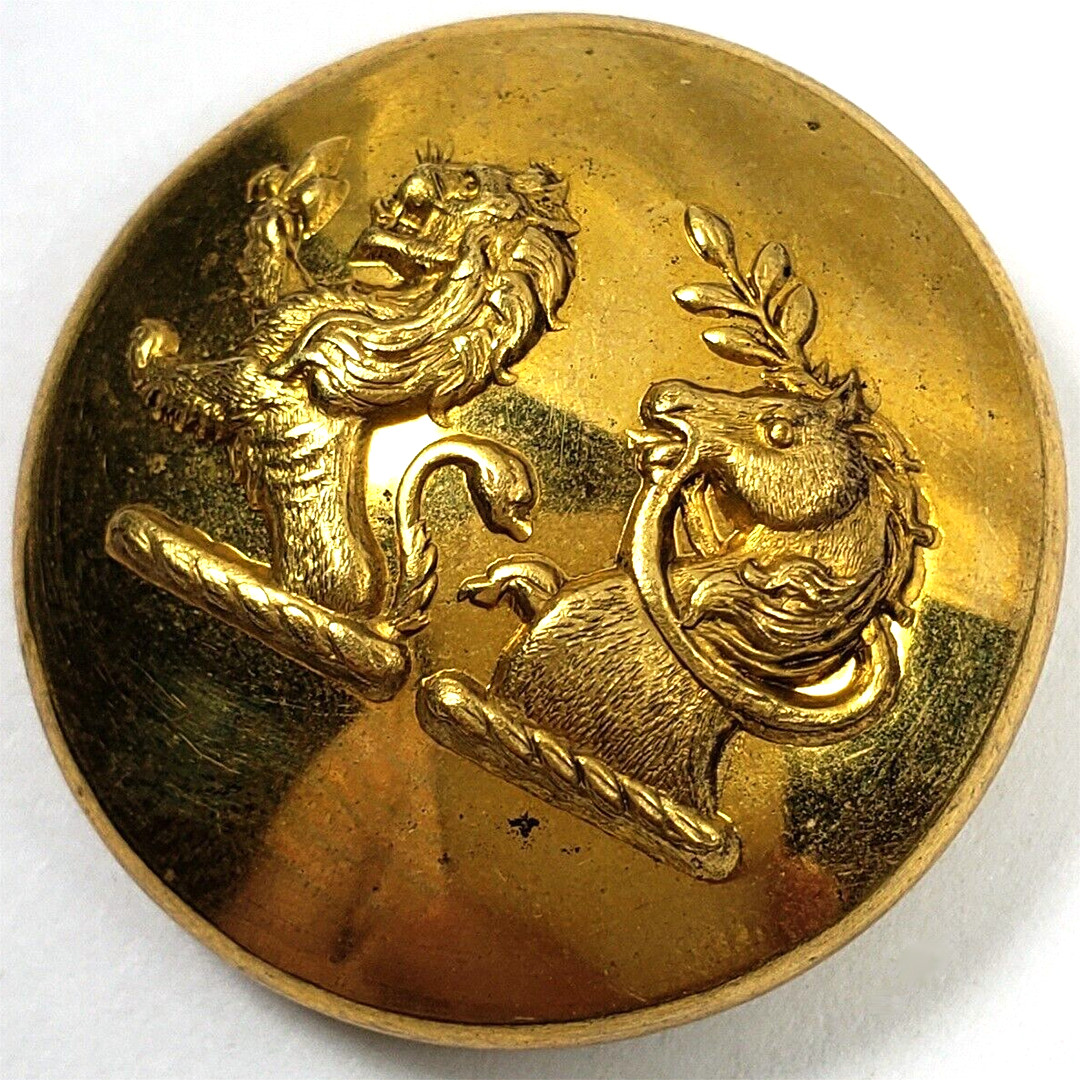 Gilt ANTIQUE LIVERY BUTTON~ Fleur-de-Lis LION + HORSE Double CRESTS~ FIRMIN Back
